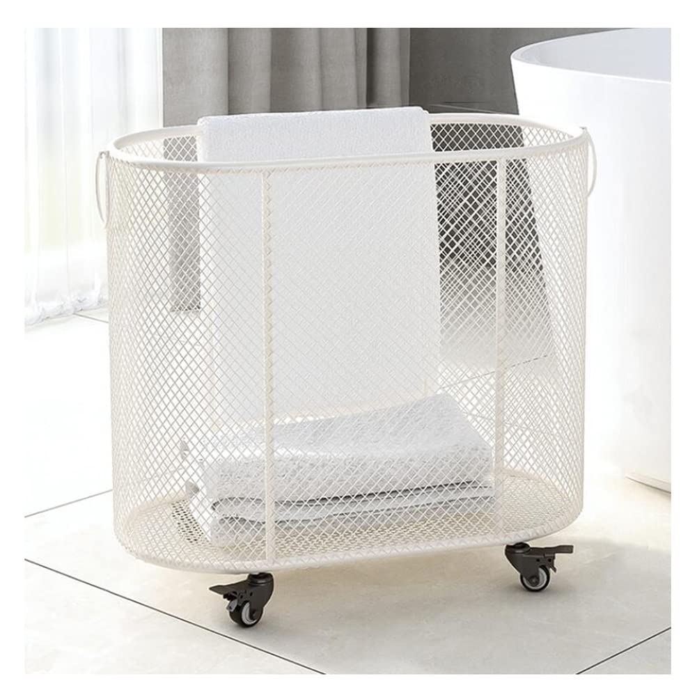 Heavy Duty Rolling Laundry Basket with Wheels - Large Metal Frame Laundry Hamper for Clothes Sorting (55x28x45cm, White) - Perfect for Bedroom, Laundry Room & Dorm Organization