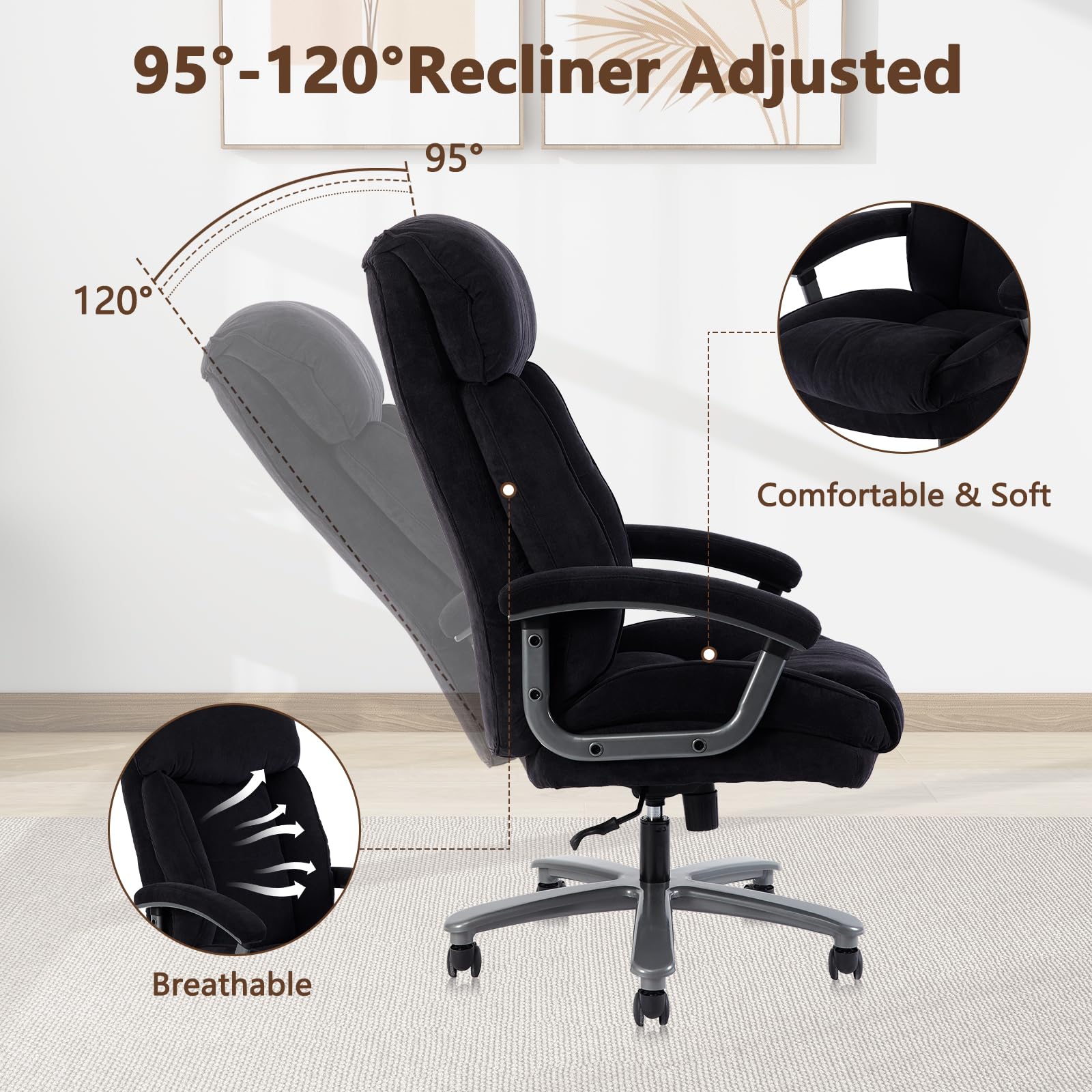 CLATINA Ergonomic Big and Tall Executive Office Chair - 400lbs High Capacity, Adjustable Height with Thick Padding, Headrest & Armrest - Upholstered Swivel Chair for Home Office (Black) - Perfect for Long Work Hours and Comfortable Workspaces