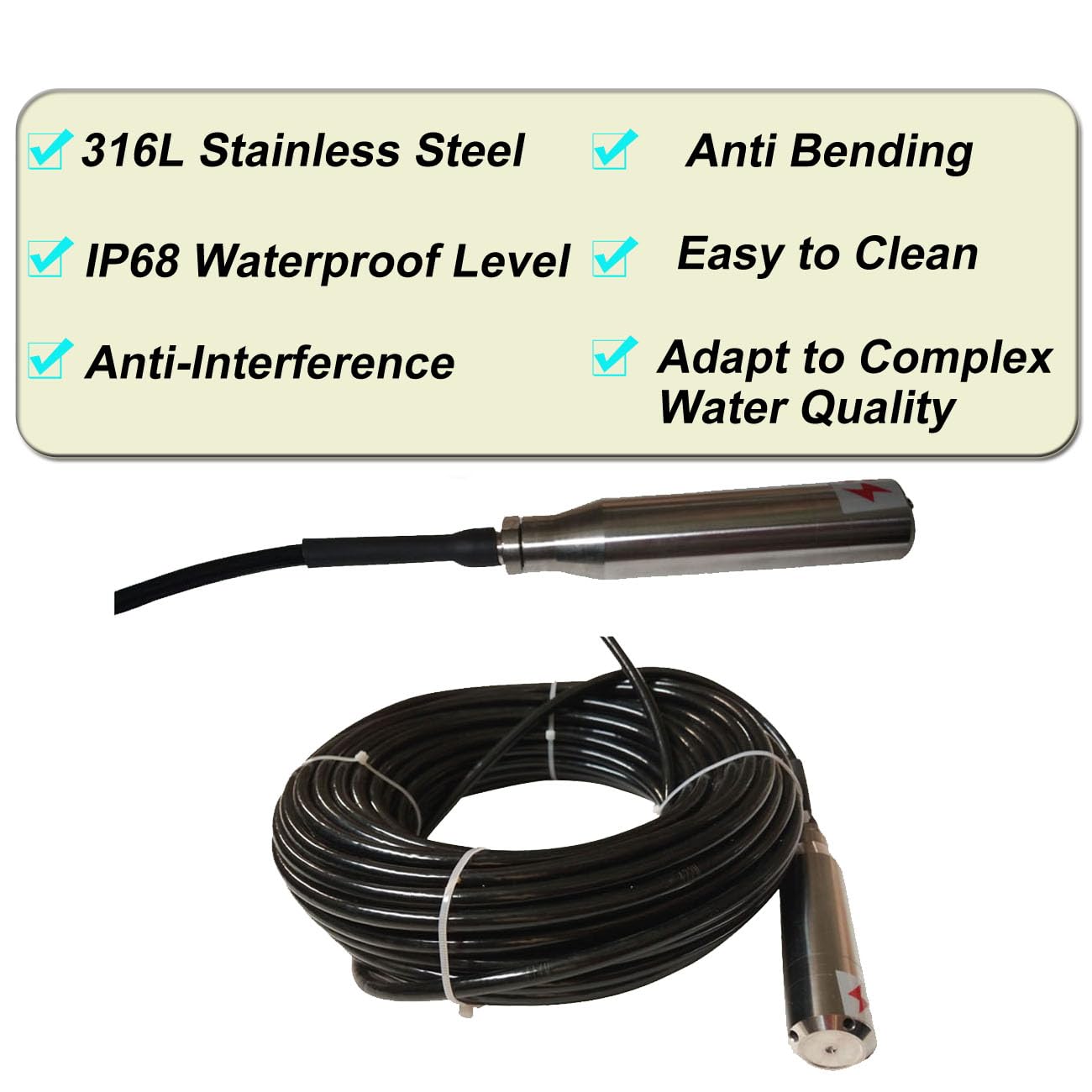 Intelligent Liquid Level Sensor Detector - 316L Stainless Steel, 4-20mA Output, 24-32VDC Power, 65.6ft Cable - Perfect for Industrial Tank Monitoring, Water Treatment, and Chemical Processing Systems