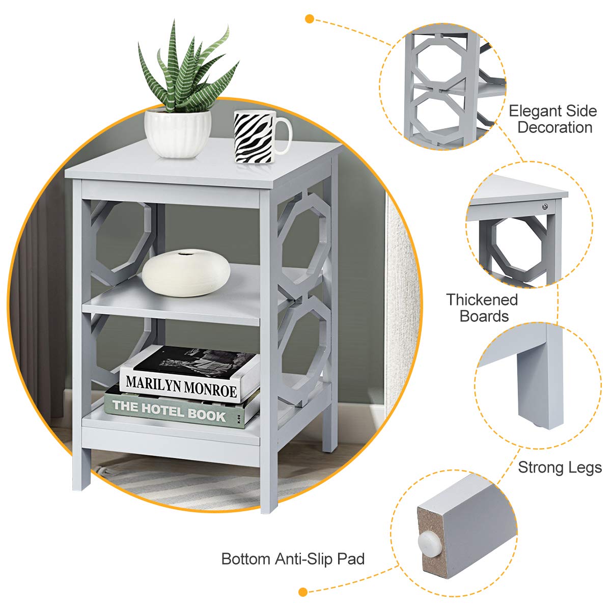 KOTEK 3-Tier Nightstand Set of 2, Wooden Side Table with Storage Shelves for Bedroom & Living Room - Sturdy Accent Table, End Table or Bedside Table - Easy Assembly (Grey) | Perfect for Small Spaces, Apartment Decor & Nightstand Organization