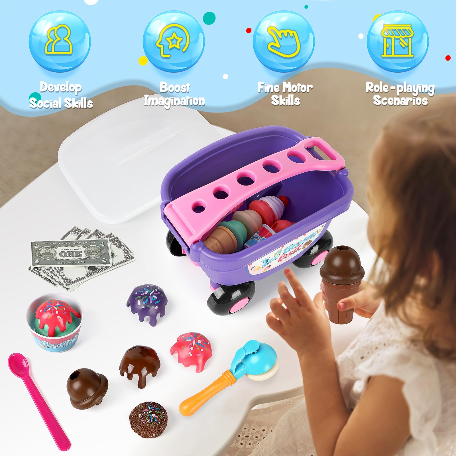 Torlam Kids Pretend Play Ice Cream Cart Toy Set - Interactive Ice Cream Shop Counter with Scoop & Cone Maker - Educational Grocery Store Playset for Toddlers Ages 3-6 (Boys & Girls) - Perfect for Birthday Gifts, Role Play & Early Learning Activities