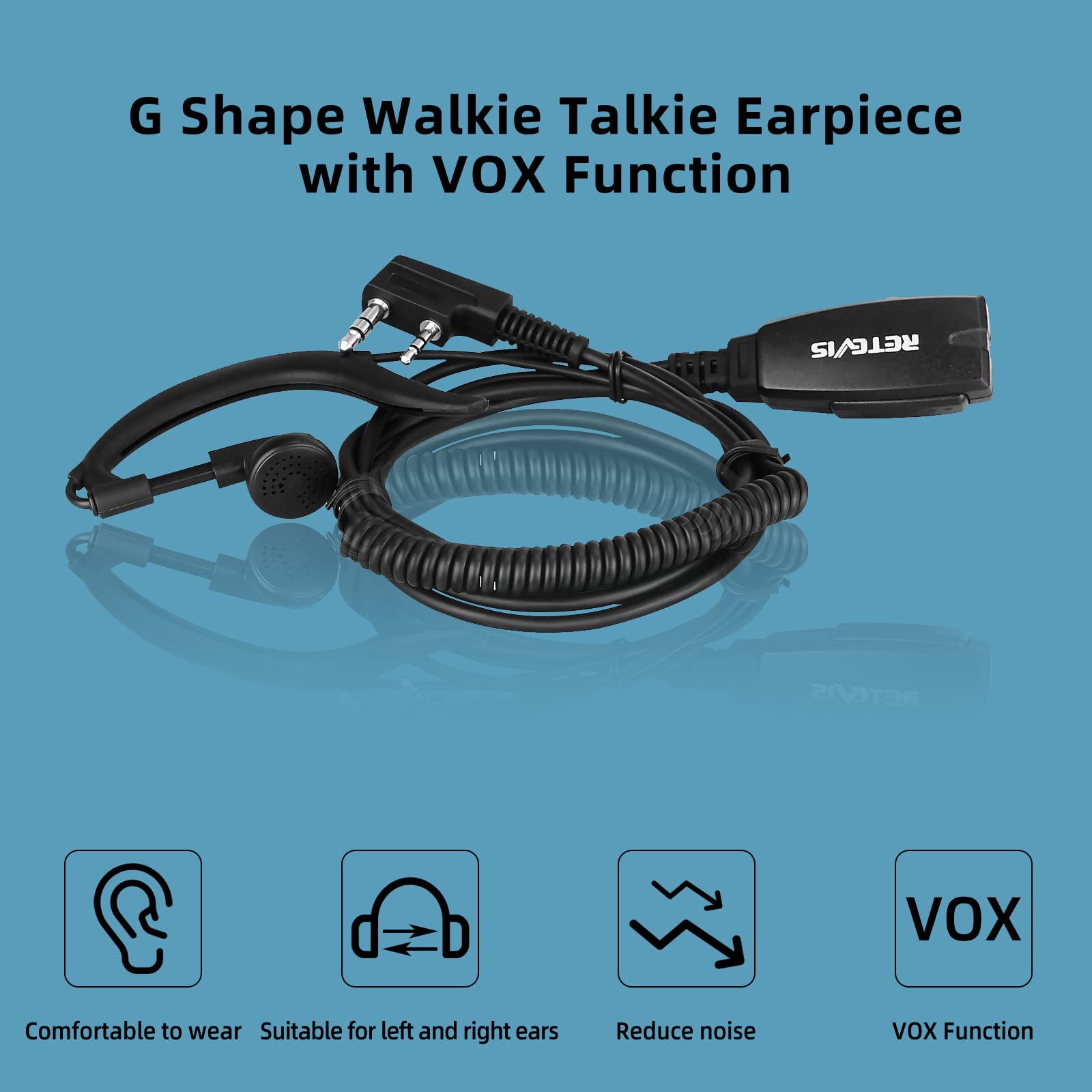 Retevis EEK016 G-Shape Earhook Walkie Talkie Headset with Mic - VOX Enabled, 2-Pin Connector - Compatible with RT22/RT68/RT21/H-777/RT27/RT19/RT85/NR10 & Pxton/TIDRADIO Radios (2 Pack) - Ideal for Security, Construction, Warehouse & Outdoor Activities