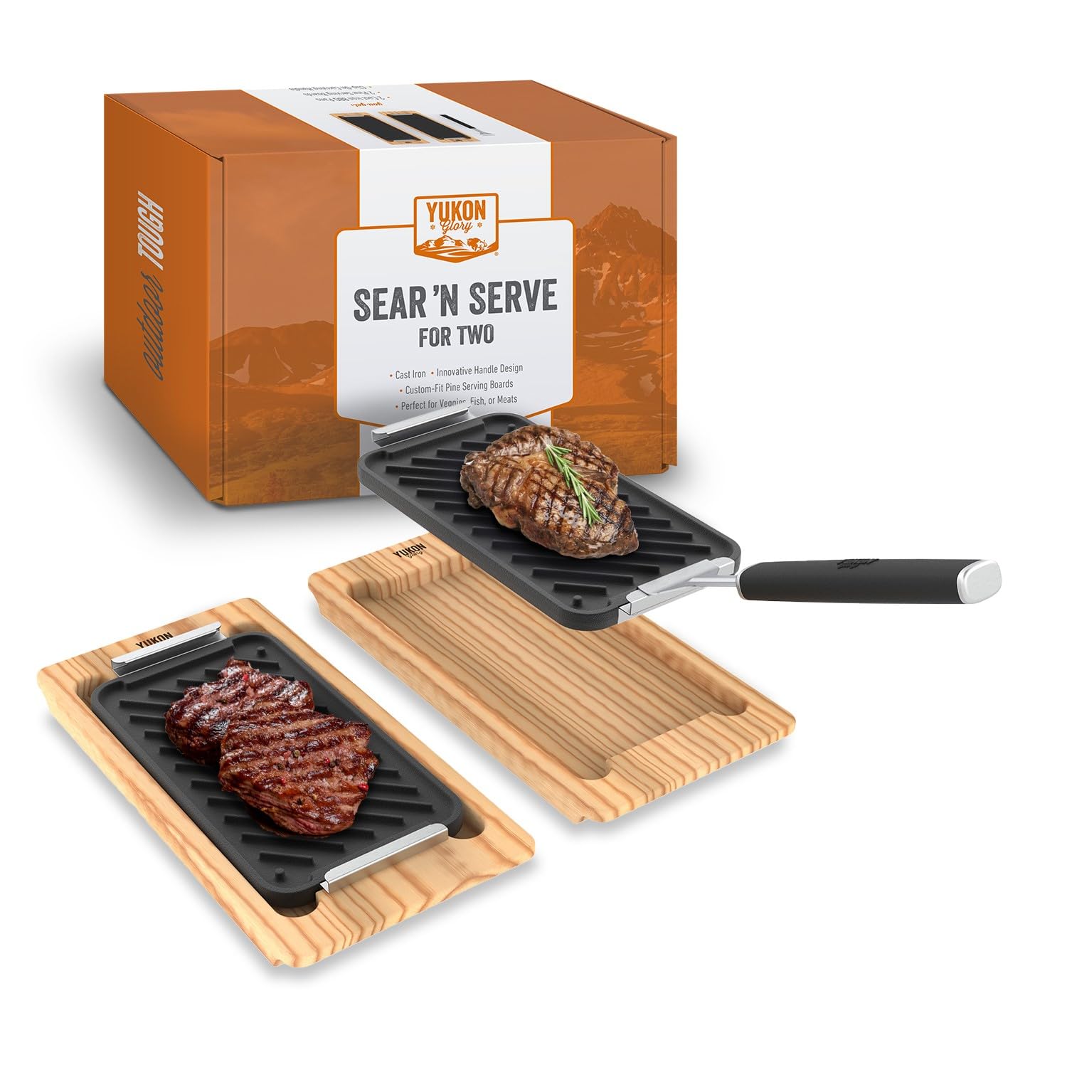 Yukon Glory™ SEAR 'N SERVE BBQ Cast Iron Grill Pan Set - 3-Piece Outdoor Cooking Kit for Steak, Burgers & Vegetables - Perfect for Camping, Backyard Grilling & Tailgating Parties