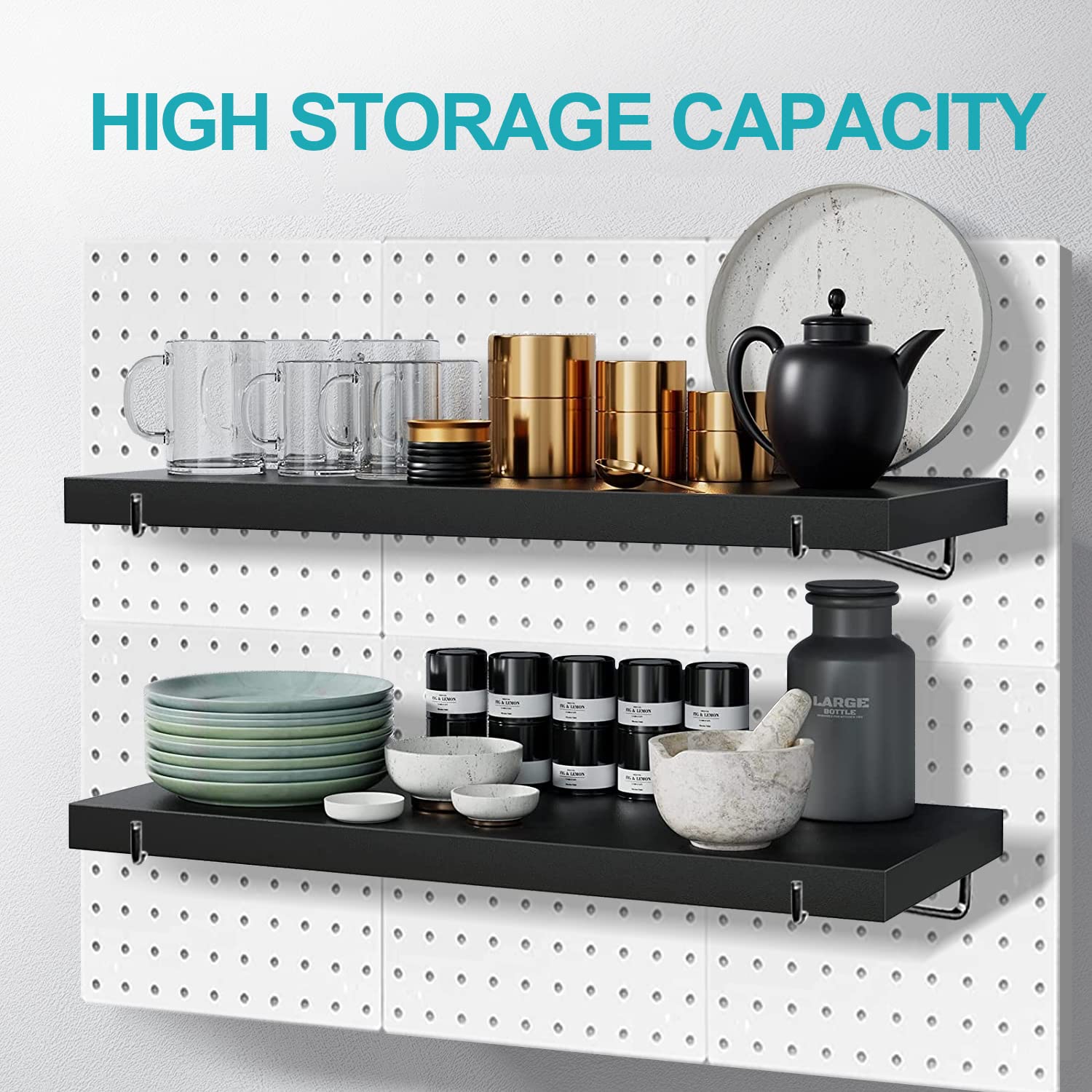 Black Pegboard Shelf 4 Pack - Wooden Shelves with Metal Brackets & Hooks for Craft Room, Home Organization, Kitchen Storage & Garage Tool Wall - Perfect for DIY Projects, Small Space Solutions & Workshop Organization