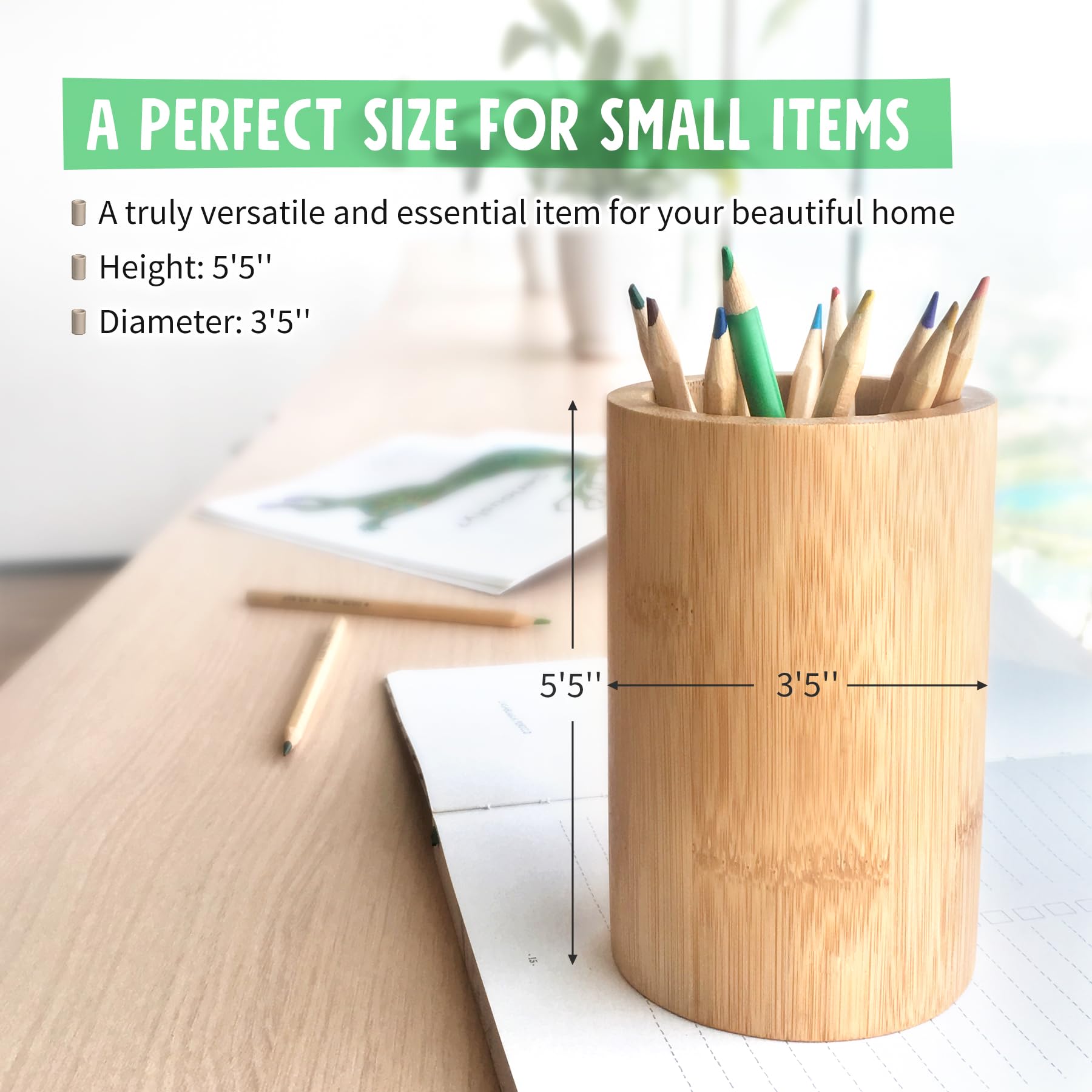 Sophie & Panda Bamboo Pen Holder, Toothbrush Organizer, Makeup Brush Storage, Utensil Caddy - Eco-Friendly Bamboo Cylinder for Home, Office & Bathroom Organization