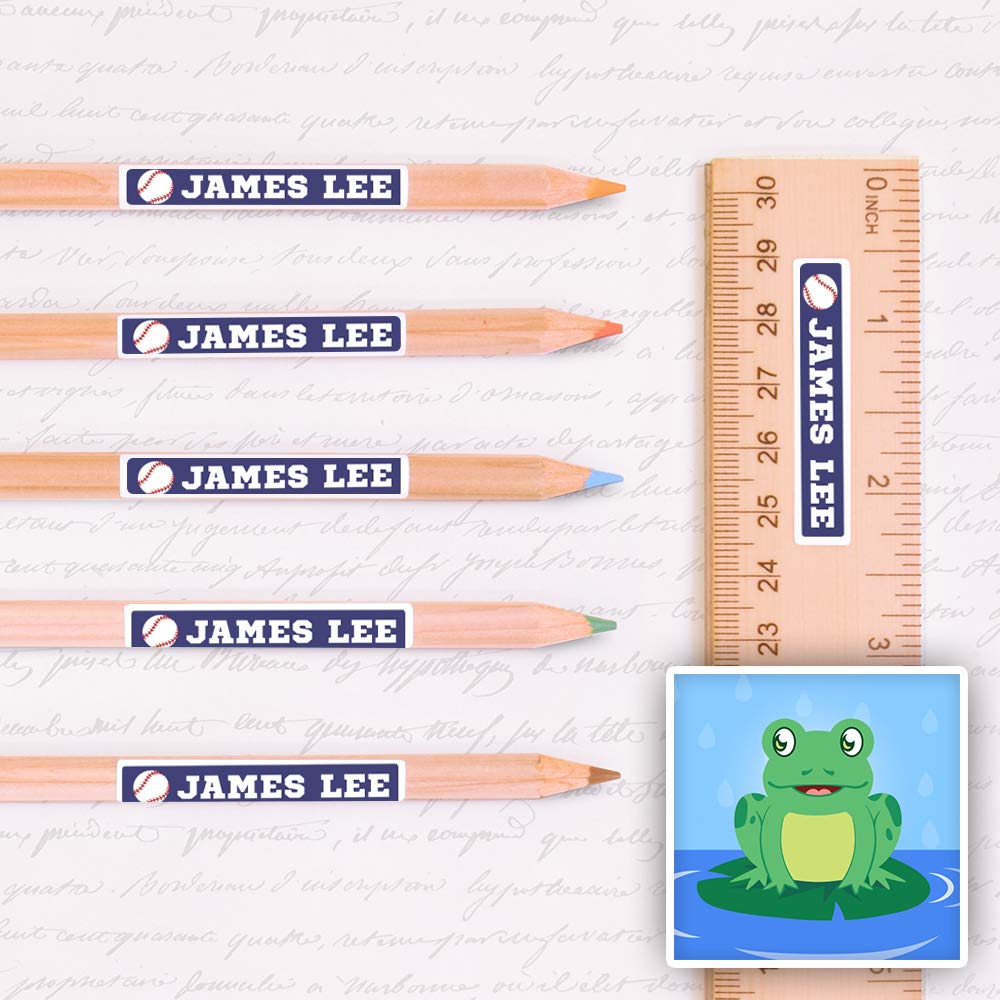Peel & Stick Waterproof Name Labels - 80 Durable Personalized Skinny Frog Design Labels for Kids School Supplies, Lunch Boxes & Water Bottles