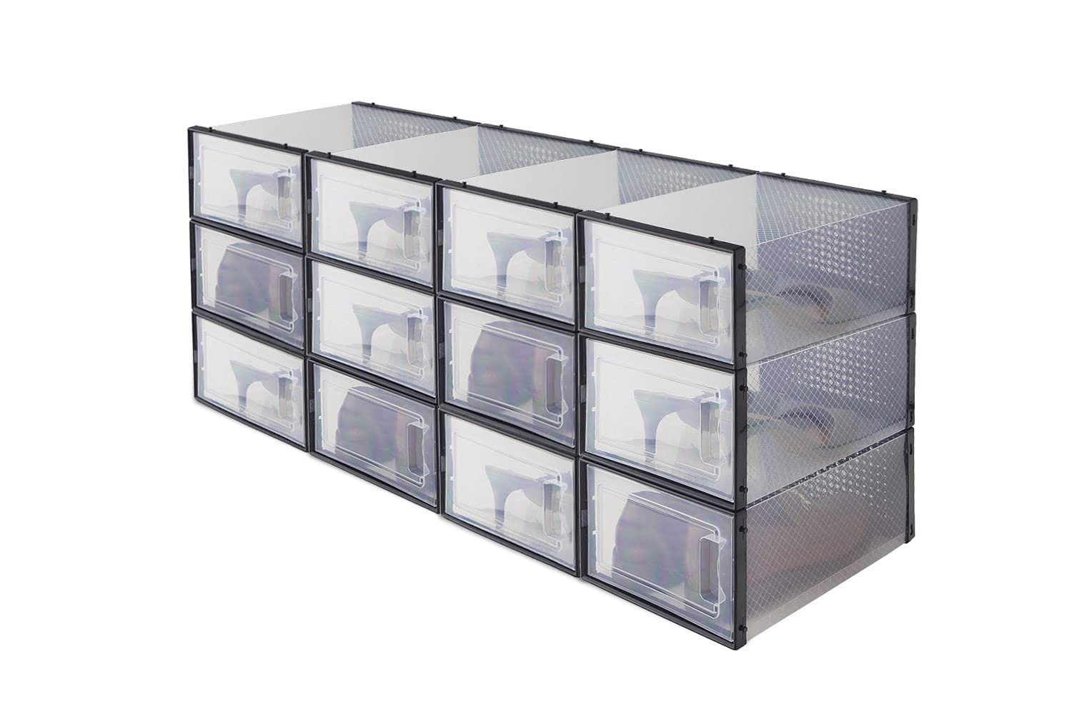 Clear Stackable Plastic Shoe Storage Boxes - Pack of 12 (Transparent Black) | Organize Sneakers, Boots & Accessories | Perfect for Closet, Underbed & Dorm Room Organization