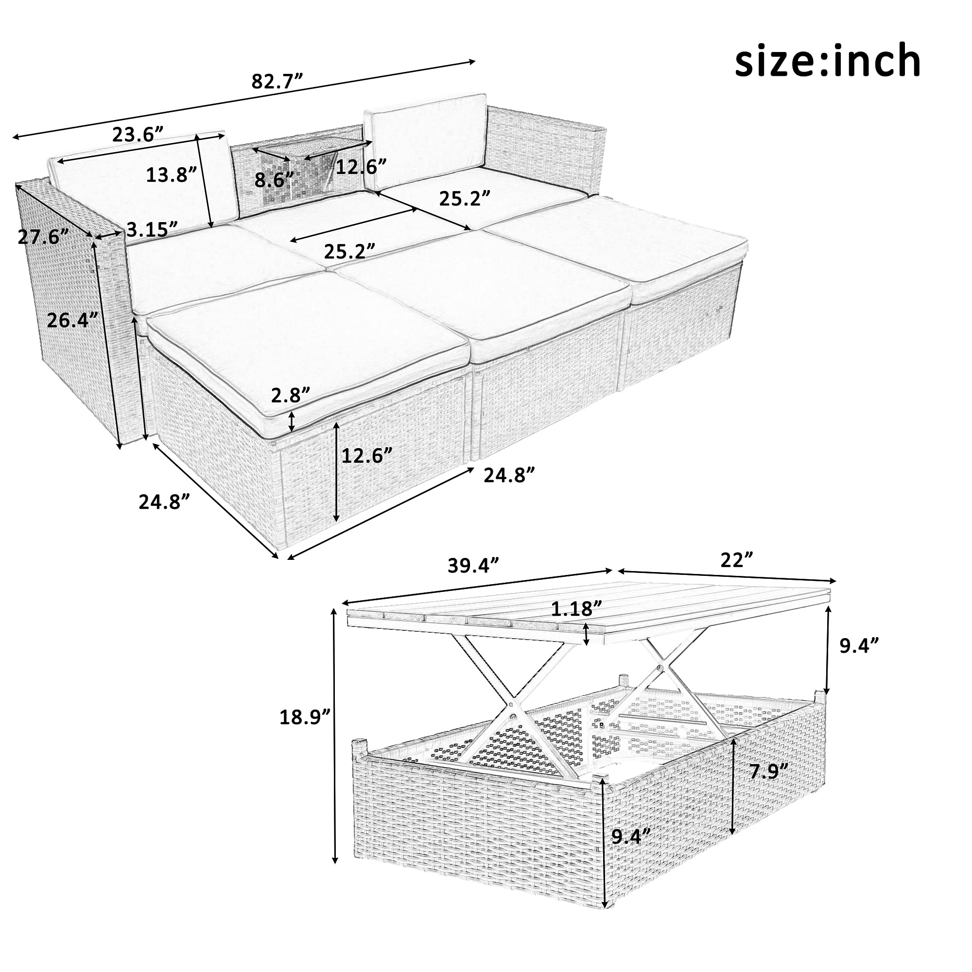 5-Piece Outdoor Patio Furniture Set - Wicker Sofa with Adjustable Backrest, Cushions, Ottomans & Lift-Top Coffee Table - Perfect for Garden, Poolside, Backyard, Balcony (Grey) - Ideal for Relaxing, Entertaining & Outdoor Lounging