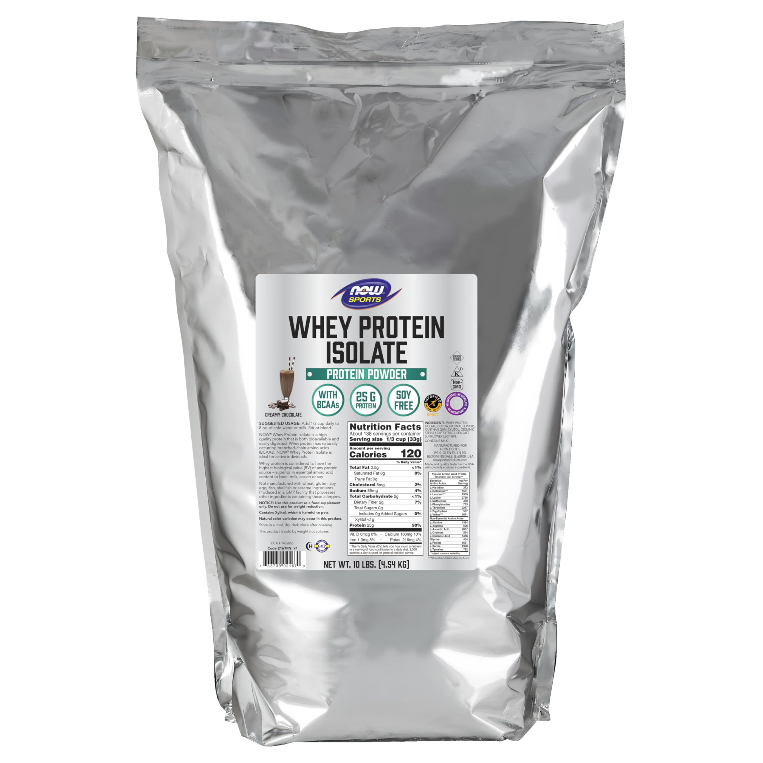 NOW Foods Whey Protein Isolate Powder - 25g Protein per Serving with BCAAs, Creamy Chocolate Flavor, 10 lb Bulk Size for Muscle Recovery & Workout Supplements - Perfect for Post-Workout Shakes, Smoothies & Protein Bars