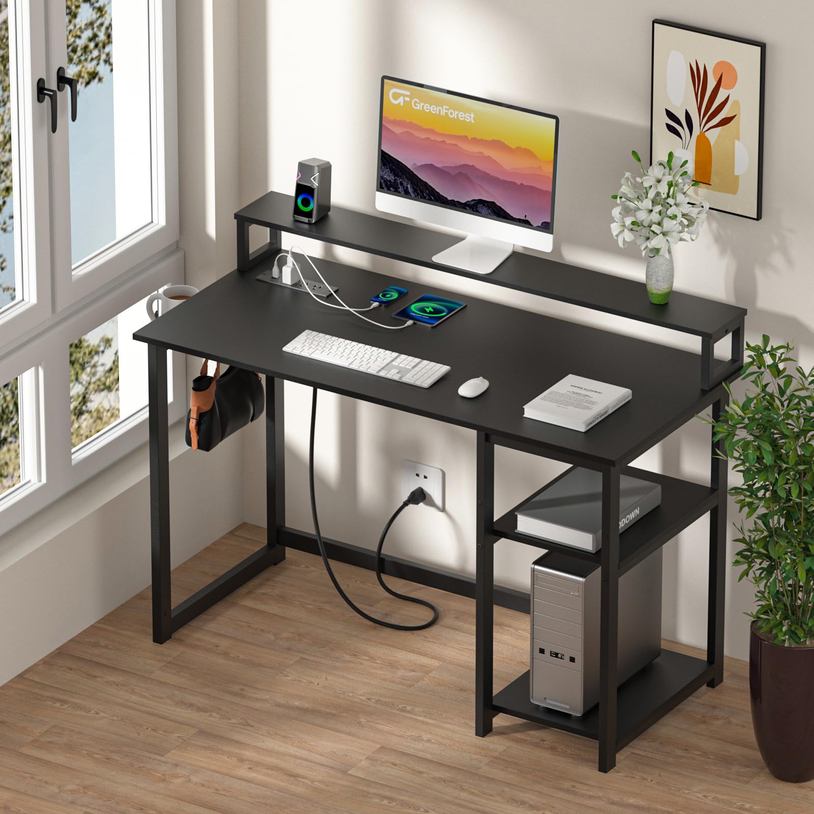 GreenForest 47 inch Gaming Desk with Power Outlets & Ergonomic Monitor Stand - Reversible Computer Desk for Home Office, Study, Gaming & Work - Black (Perfect for Small Spaces, PC Setup & Remote Work)
