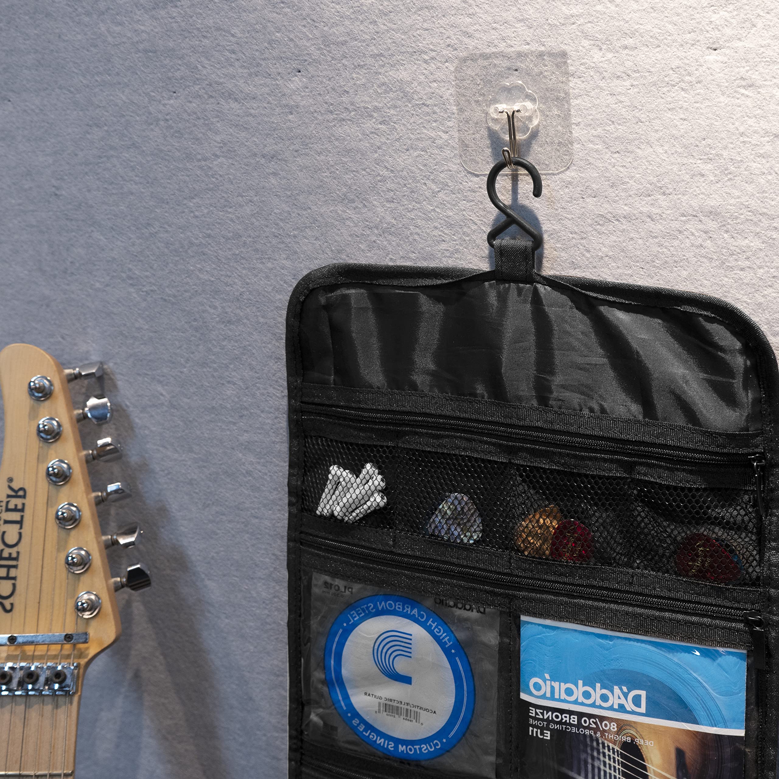 **Foldable Guitar Accessory Organizer Bag - Black Storage Case for Picks, Strap, Capo & Strings | Portable & Easy Access Pockets | Perfect for Travel, Practice & Gig Storage**