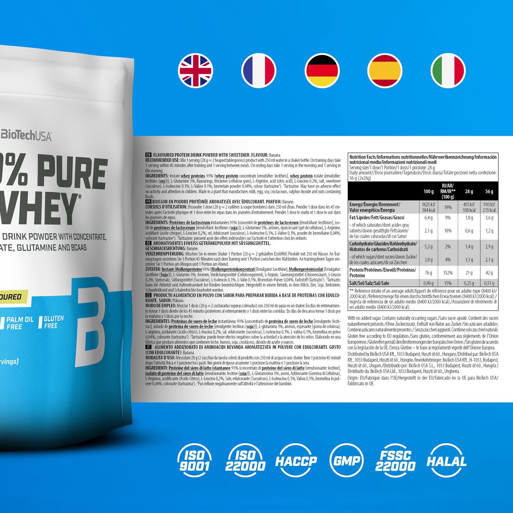 BioTechUSA 100% Pure Whey Protein Powder - Banana Flavor, 1000g (2.2lb) for Muscle Recovery & Post-Workout Nutrition | Gym Supplement for Athletes & Fitness Enthusiasts