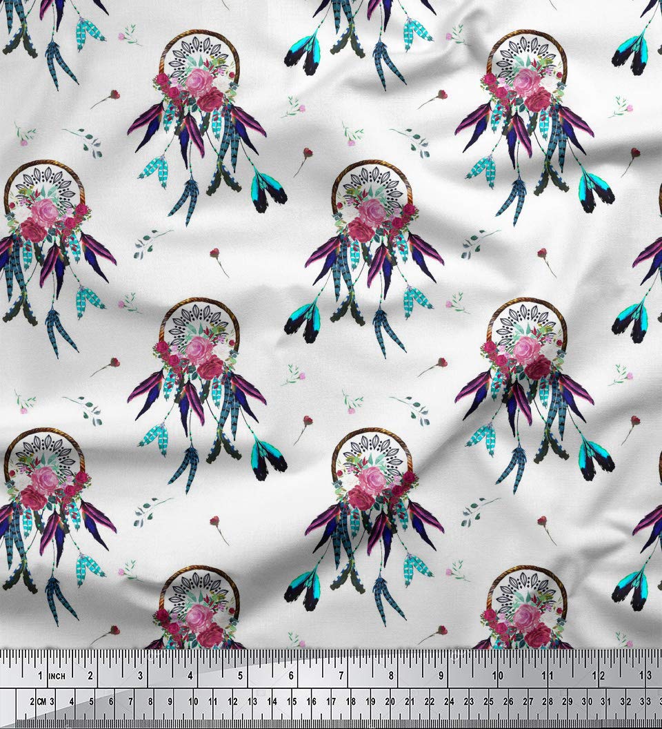 Soimoi White Silk Fabric by The Yard - 42 Inch Wide - Rose & Dream Catcher Printed Bohemian Fabric for Fashion, Dresses, Curtains & Home Decor - Romantic & Boho Style DIY Sewing Projects