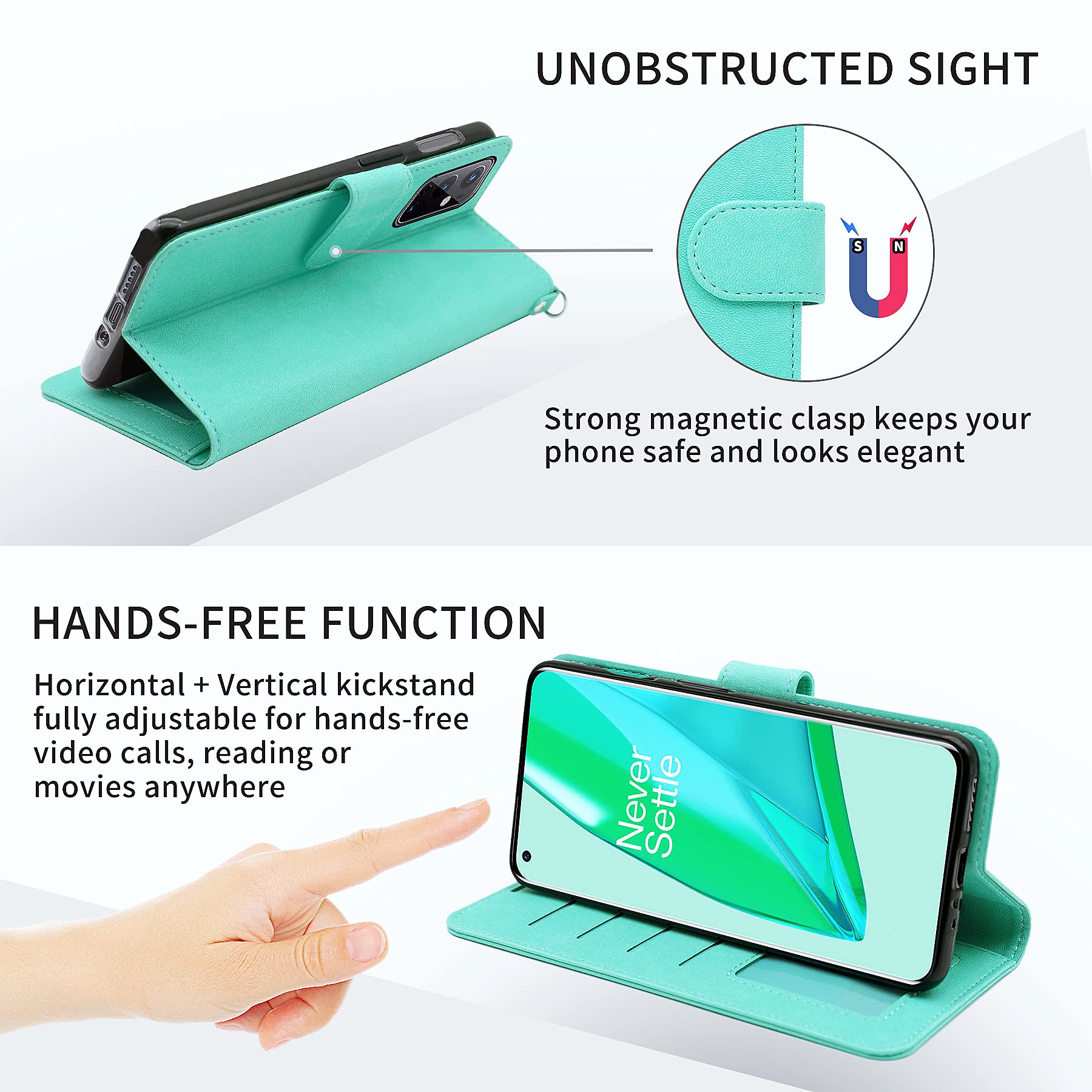 Premium PU Leather OnePlus 9 Pro 5G Wallet Case with Kickstand & RFID Blocking - Double Layer Protection, Green | Slim Flip Folio Cover for Daily Use, Business Travel & Secure Contactless Payments
