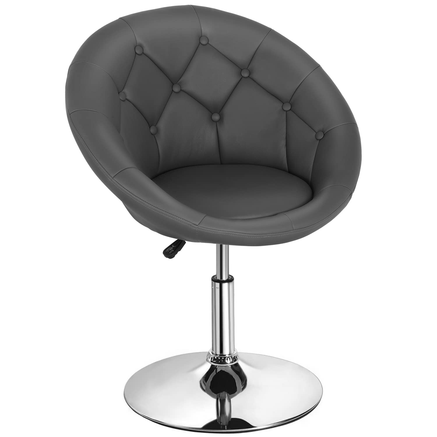 Modern Adjustable Swivel Makeup Chair - PU Leather Vanity Stool with Round Back, Height Adjustable for Living Room, Bedroom & Dressing Room - Grey Accent Chair for Makeup Table, Small Desk & Beauty Salon