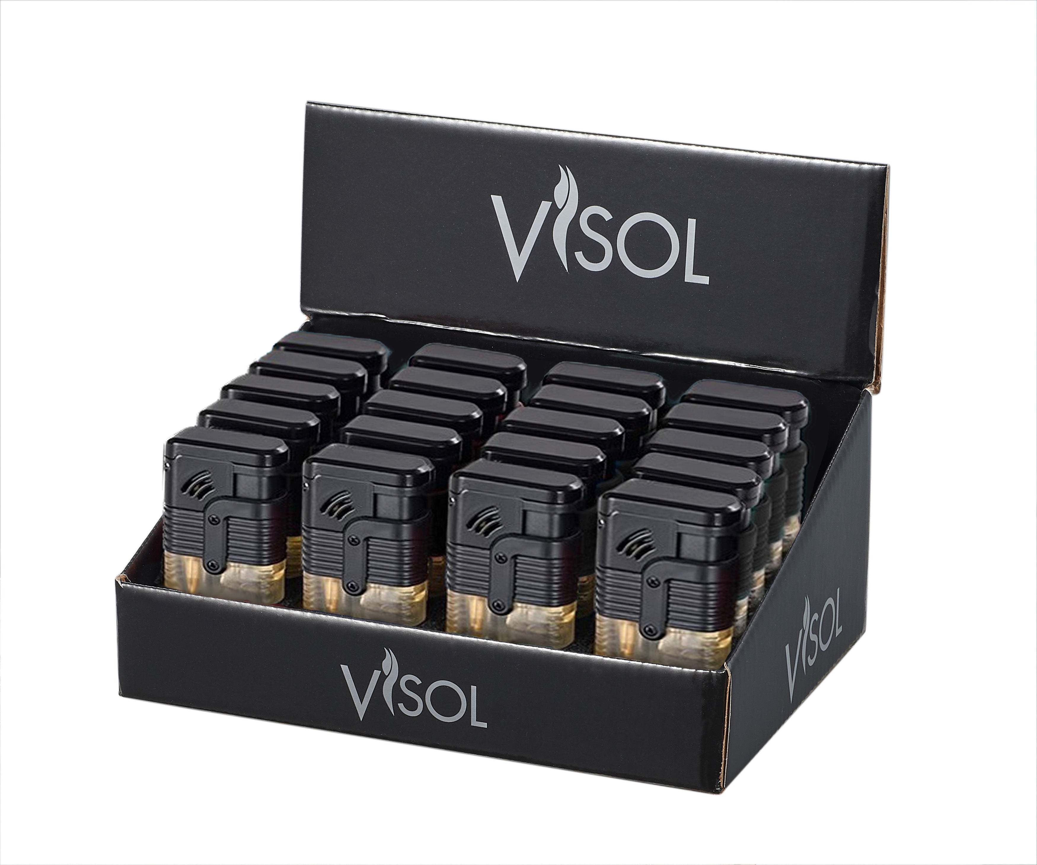 Visol Trijet Black Retail Prepack 20 Cigar Lighters - Windproof & Refillable Butane Torch for Cigars, Cigarettes & Outdoor Use (Camping, BBQ, Grilling)