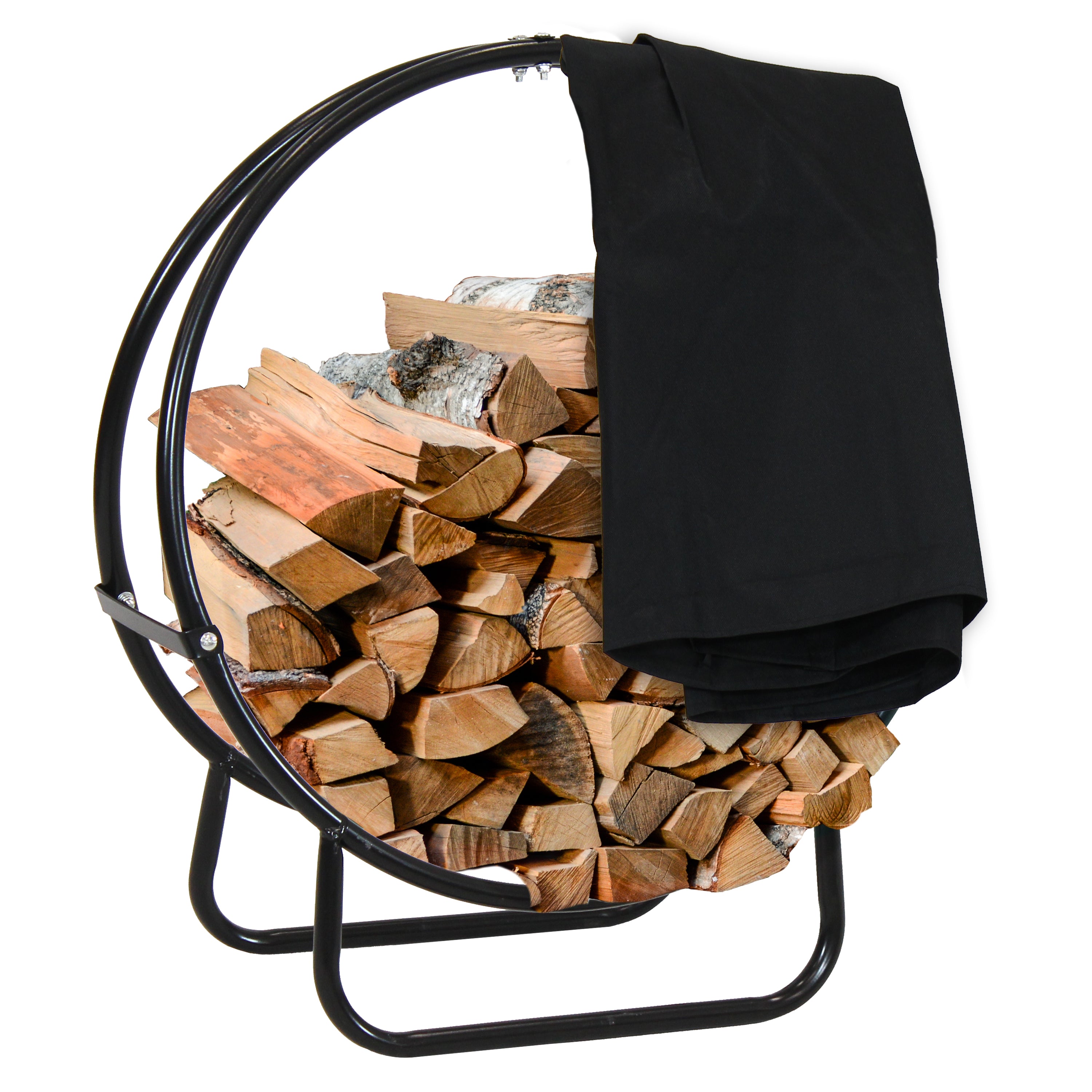 Sunnydaze Firewood Log Hoop Rack with Cover - Outdoor Firewood Storage Holder for Fireplace, Camping & Patio - Heavy Duty Steel Wood Rack with Protective Cover for Rain & Snow