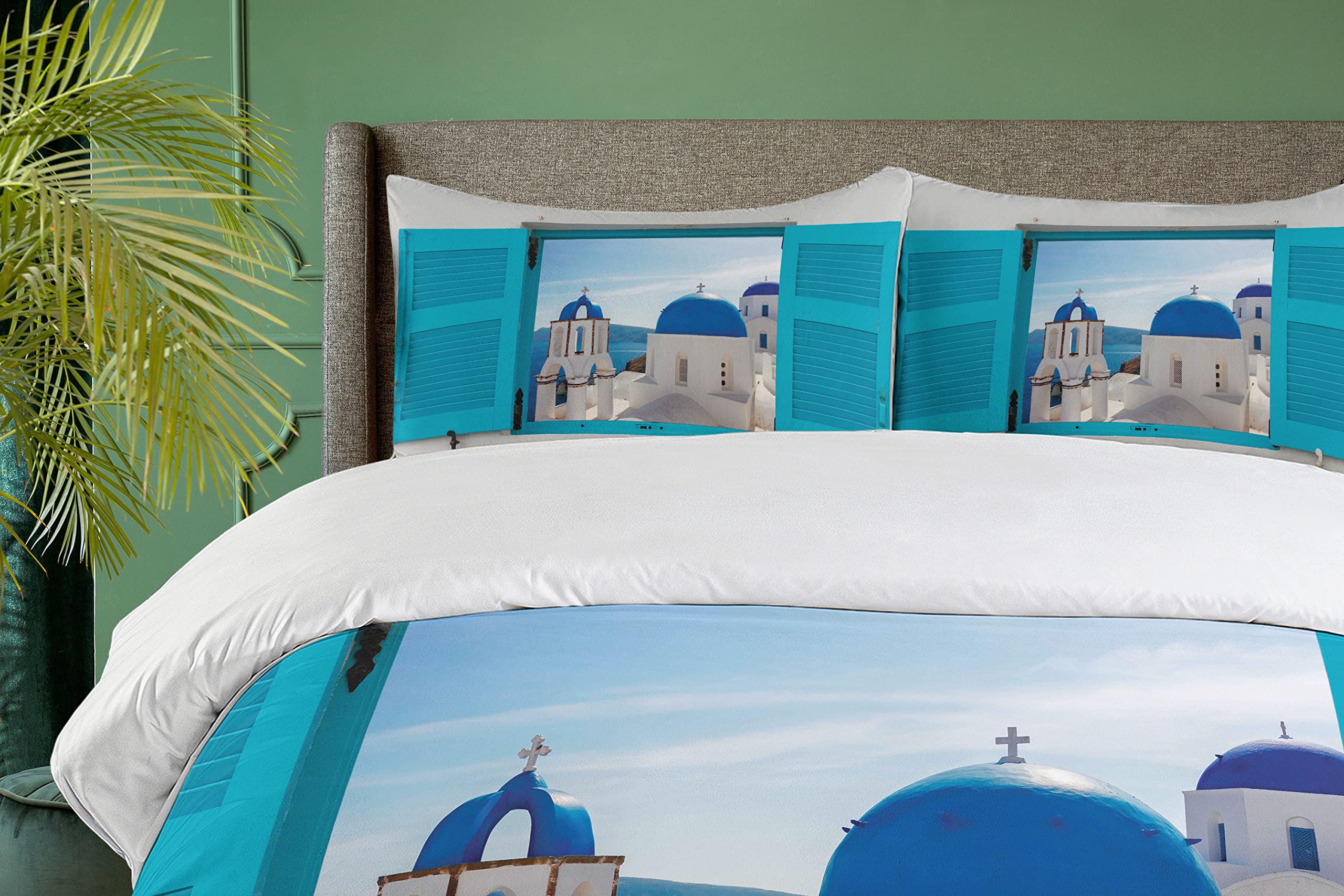 Ambesonne King Size Duvet Cover Set - 3 Piece Blue and White Landscape Bedding with Pillow Shams | Santorini Greece Travel Inspired Design | Perfect for Master Bedroom, Guest Room & Vacation Home Decor