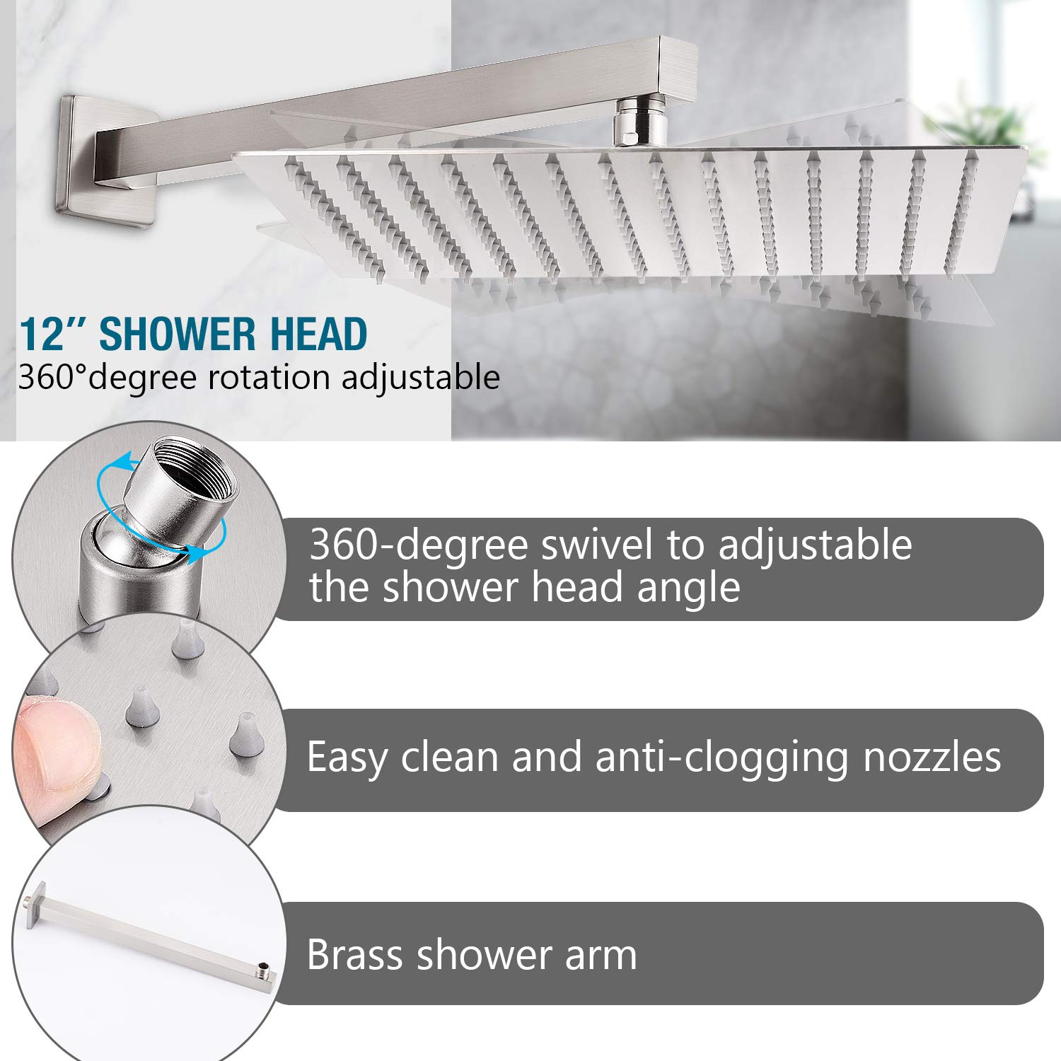 Qomolangma 12 Inch Rain Shower System - Wall Mounted Bathroom Shower Faucet Set with Pressure Balance Valve, 2-Function Shower Head (Rain & Handheld Spray) - Perfect for Modern Bathroom Renovation & Spa-Like Shower Experience