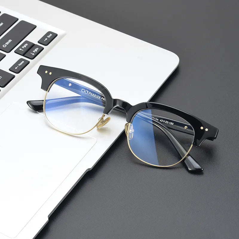 Stylish Black Unisex Semi-Rim Square Acetate Eyeglasses Frame 15022 - Perfect for Work, Reading & Fashion Accessories