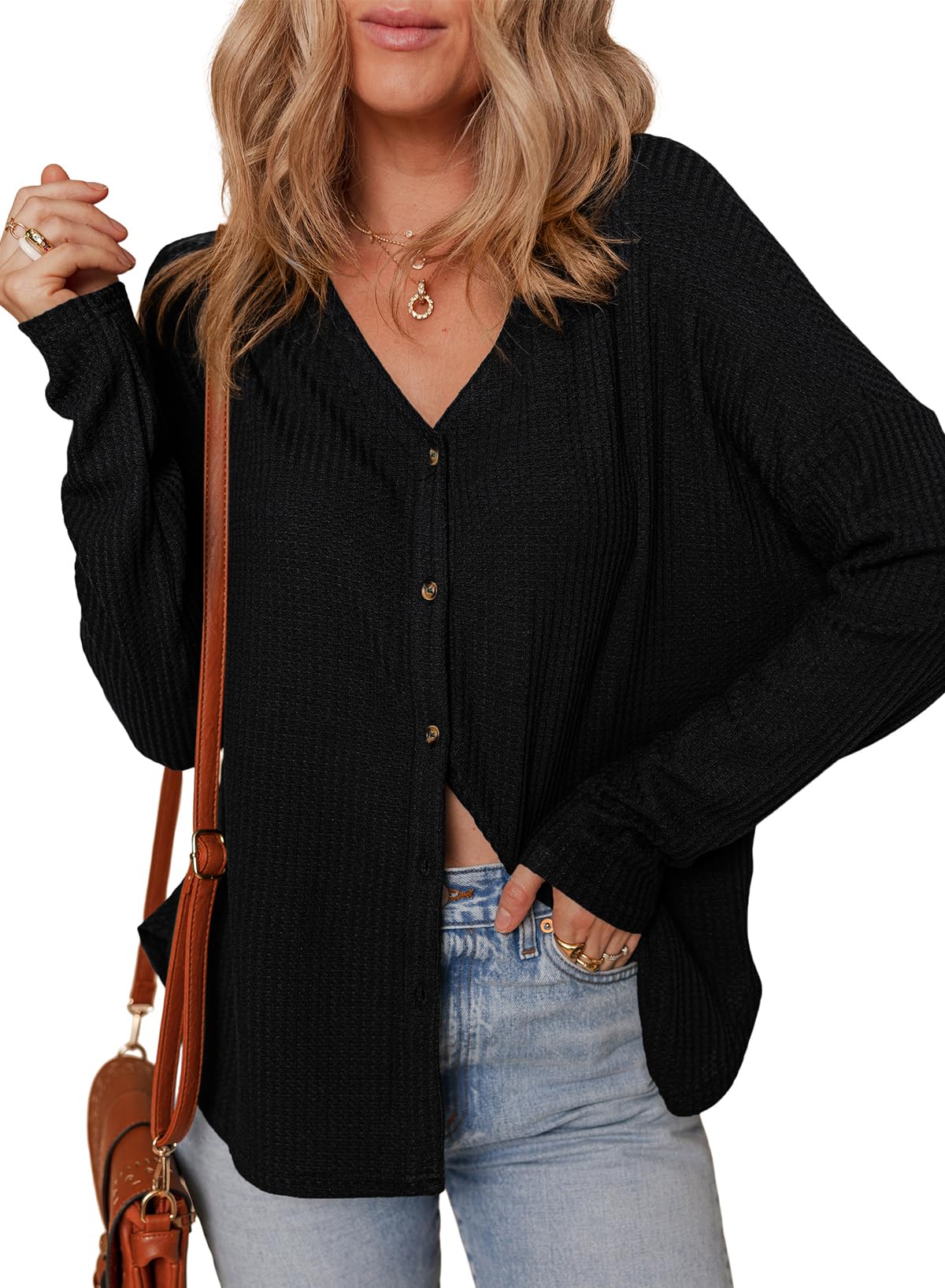 Dokotoo Women's Casual V-Neck Waffle Knit Button Down Long Sleeve Shirt - Loose Fit Tunic Top for Fall & Winter | Office, Layering, Weekend Outfits