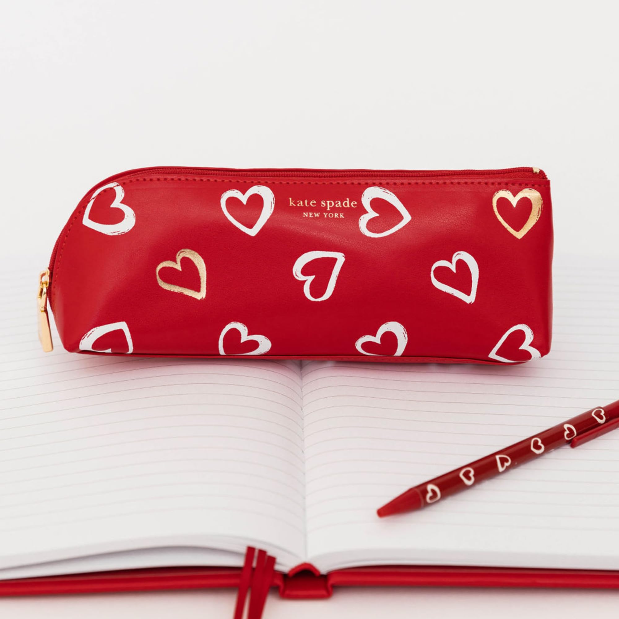 Kate Spade New York Heart Print Pen & Pencil Case Set - Includes 2 Pencils, Sharpener, Eraser, Ruler - Stylish Zip Pouch for Office, School, Work & Travel Organization (Brushstroke Hearts Design)