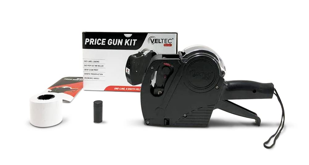 Price Gun Starter 1-Line 8-Digit Labeling Tool with 2000 White Labels, Inker & Preloaded Starter Labels - Perfect for Retail Pricing, Warehouse Inventory & Garage Sale Organization