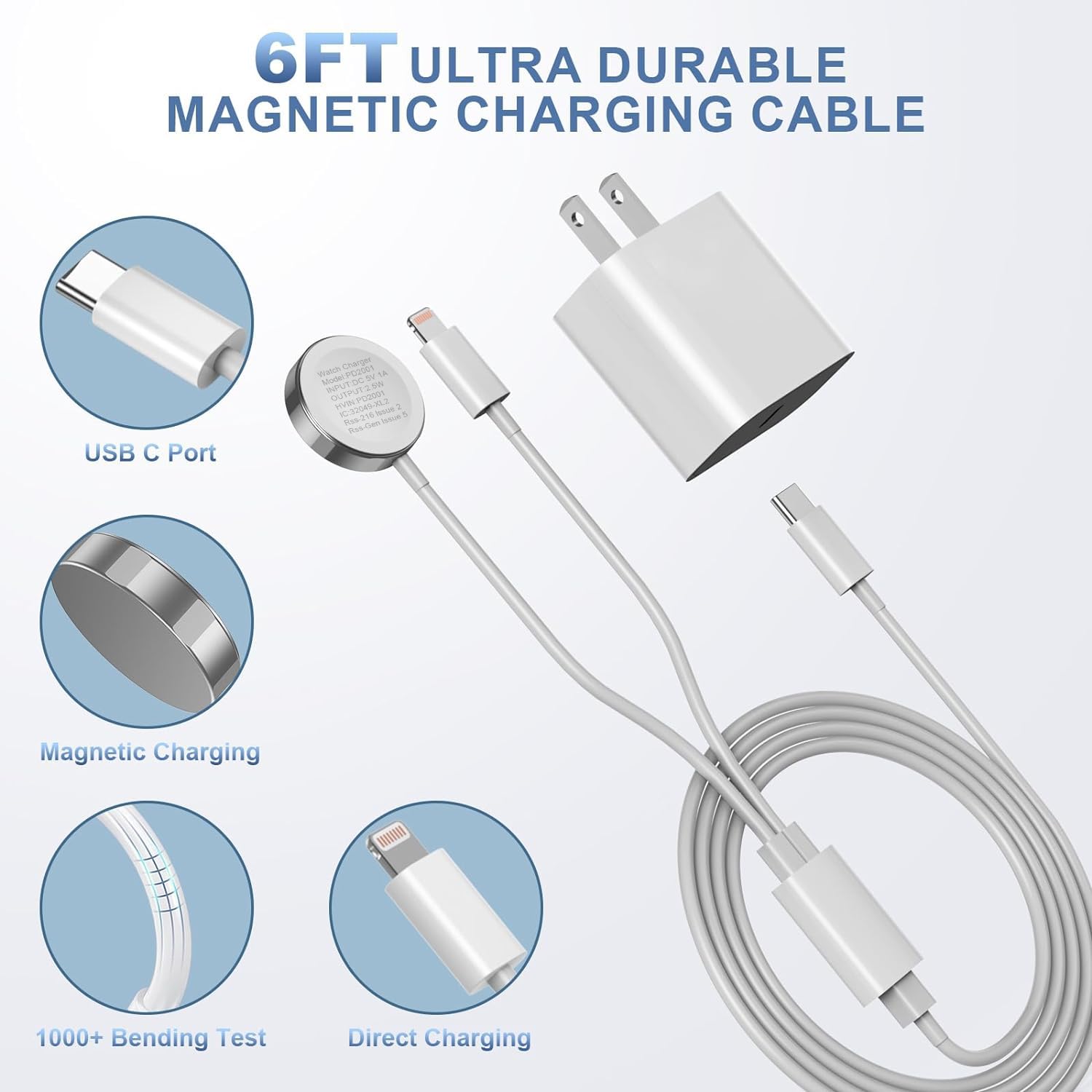 Apple MFi Certified 2-in-1 USB C Fast Charger for iPhone & Apple Watch - 6FT Wireless Charging Cable with 20W Wall Adapter - Compatible with Apple Watch Series 8/7/6/5/SE & iPhone 14/13/12 (2-Pack) - Perfect for Travel, Office & Home Charging