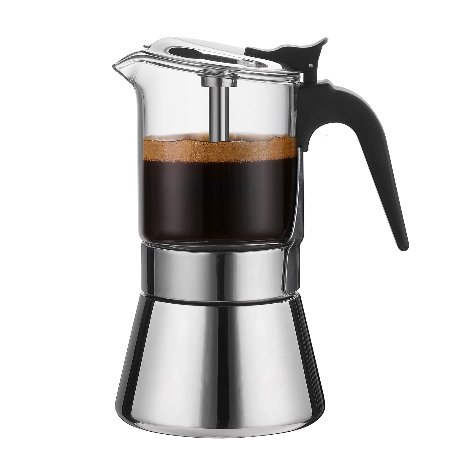 Moka Induction Stovetop Espresso Maker with Pressure Valve - 240ml Stainless Steel Italian Coffee Pot with Crystal Glass Top | Perfect for Home, Office & Camping Coffee Brewing