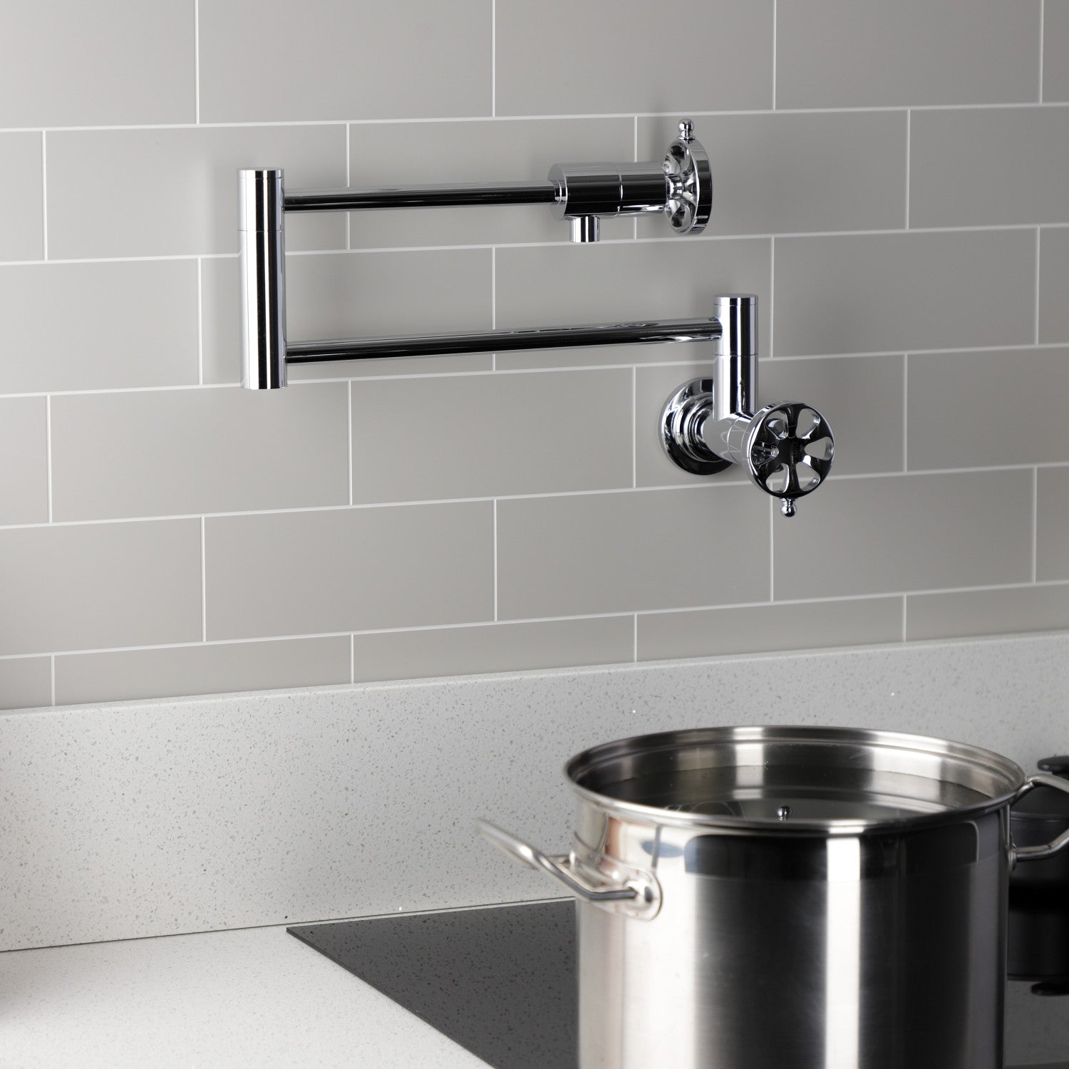Belknap KS4101RX Polished Chrome Two Handle Wall Mount Pot Filler Faucet - Perfect for Kitchen Sink, Stove & Cooking Area