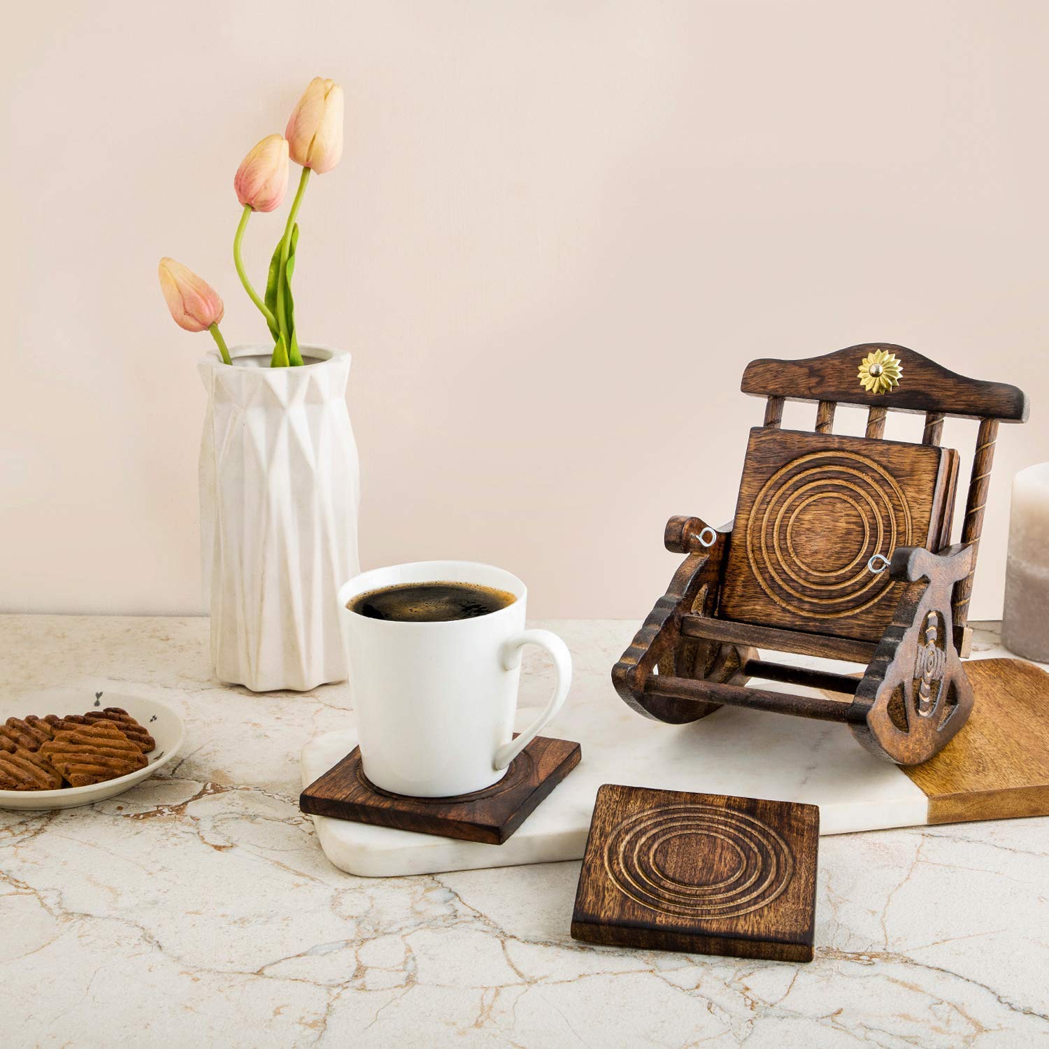 Premium Handmade Wooden Coasters Set of 6 - Natural Art Coasters for Cups, Mugs, Glasses & Beer Cans - Elegant Home & Office Decor for Dining Tables, Bars, Coffee Shops & Gifts - Waterproof & Heat Resistant Drink Coasters for Daily Use & Special Occasions