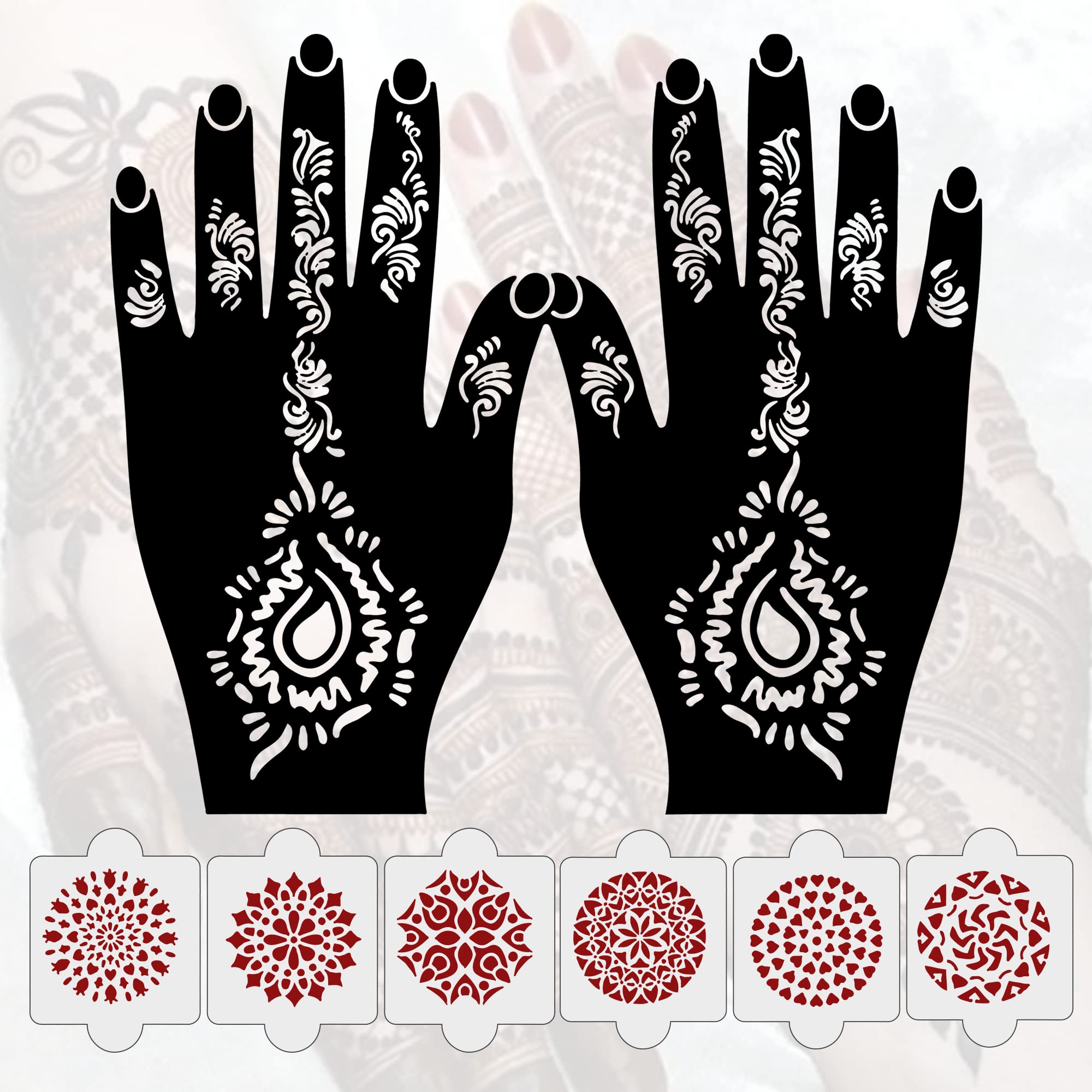 8 Pcs Henna Tattoo Stencil Kit - 2 Henna Stencil Tattoos & 6 Reusable PVC Laser Cut Stencils for Women, Girls & Kids | Easy Application Mehndi Designs for Full Hand | Perfect for Weddings, Festivals & DIY Body Art (IVNH-1009)