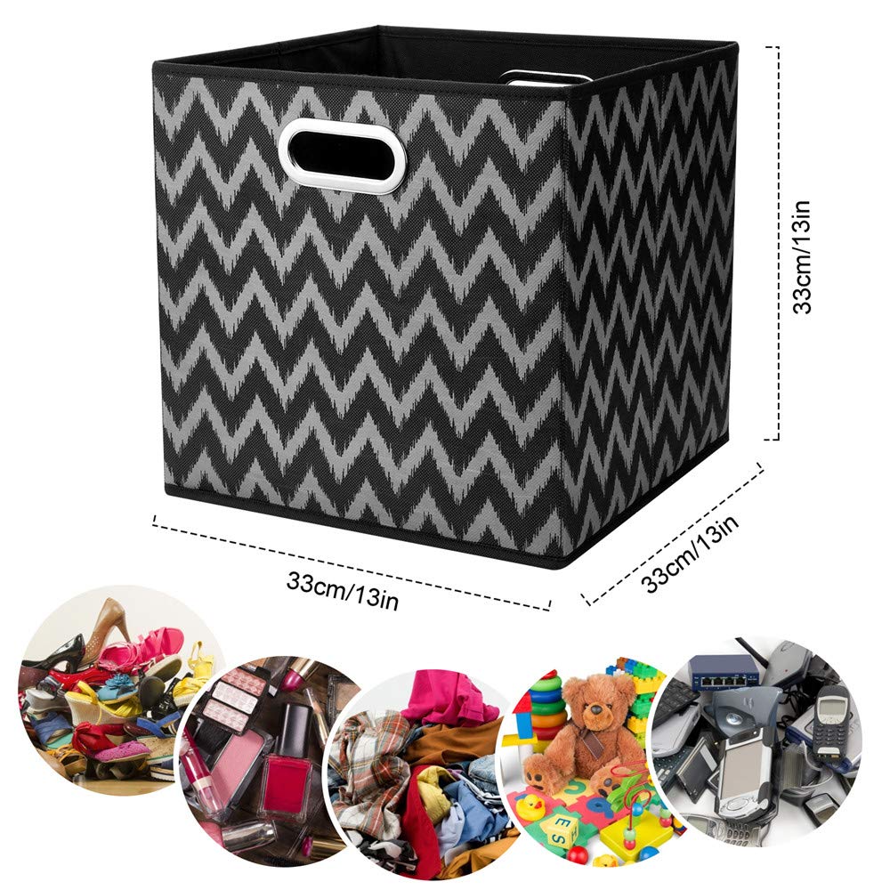 Foldable Fabric Storage Cubes 13x13x13 Inch - Black Chevron Printed Cloth Bins with Drawer for Closet, Shelf & Home Organization | Perfect for Toys, Books & Wardrobe Storage (QY-SC03-3)