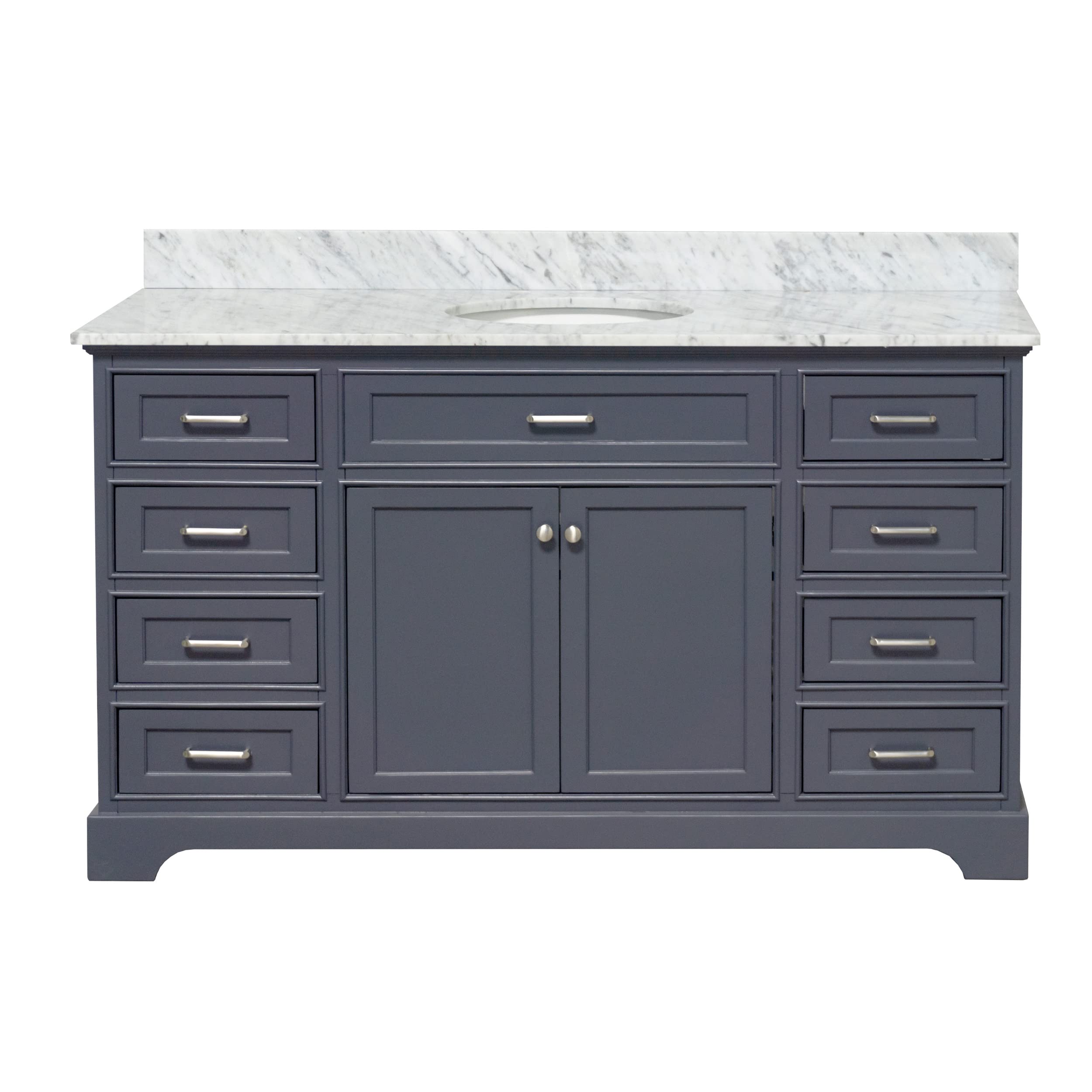Aria 60-inch Single Bathroom Vanity with Carrara Marble Top & Ceramic Sink - Marine Gray Cabinet & Italian Marble Countertop - Perfect for Modern Bathroom & Powder Room Renovations