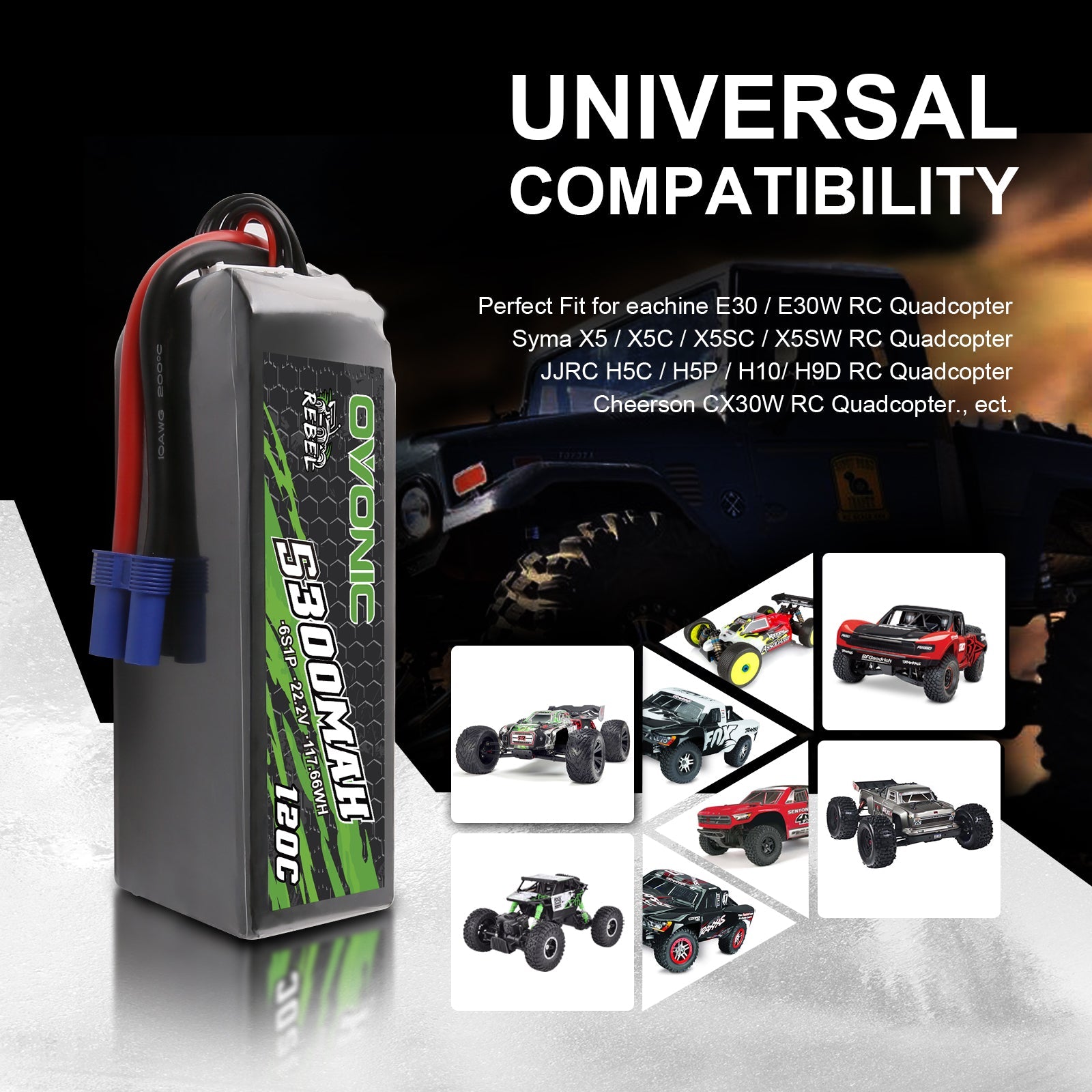 Ovonic Rebel 120C 6S 5300mAh 22.2V LiPo Battery with EC5 Plug - High Performance RC Battery for 1/7 & 1/8 Scale RC Cars, Trucks, Buggies & Truggies - Perfect for Racing, Off-Road Bashing & RC Hobby Enthusiasts