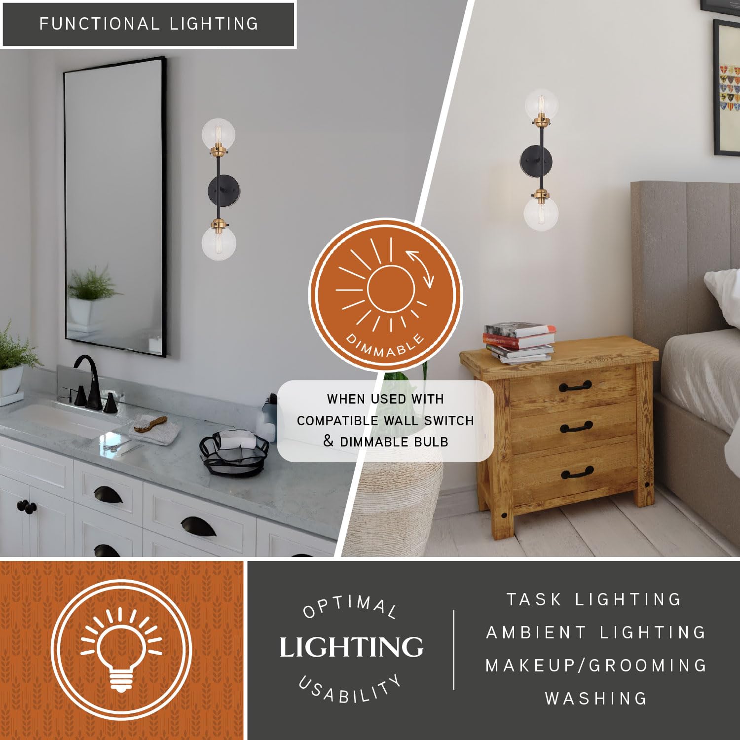 VAXCEL Orbit 2 Light Wall Sconce - Industrial Modern Brass & Oil Rubbed Bronze Fixture with Clear Glass Globe - Perfect for Bedroom, Living Room, and Hallway Lighting