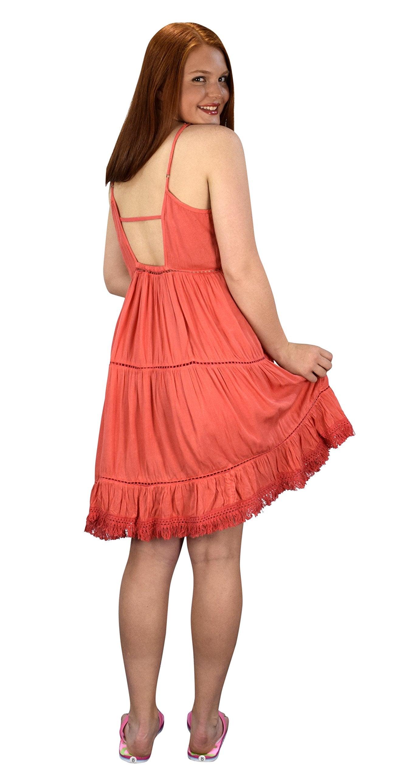 Women's Spaghetti Strap Tiered A-Line Summer Dress with Fringed Hem - Boho Chic Flowy Beach Dress for Vacation, Date Night & Casual Outings