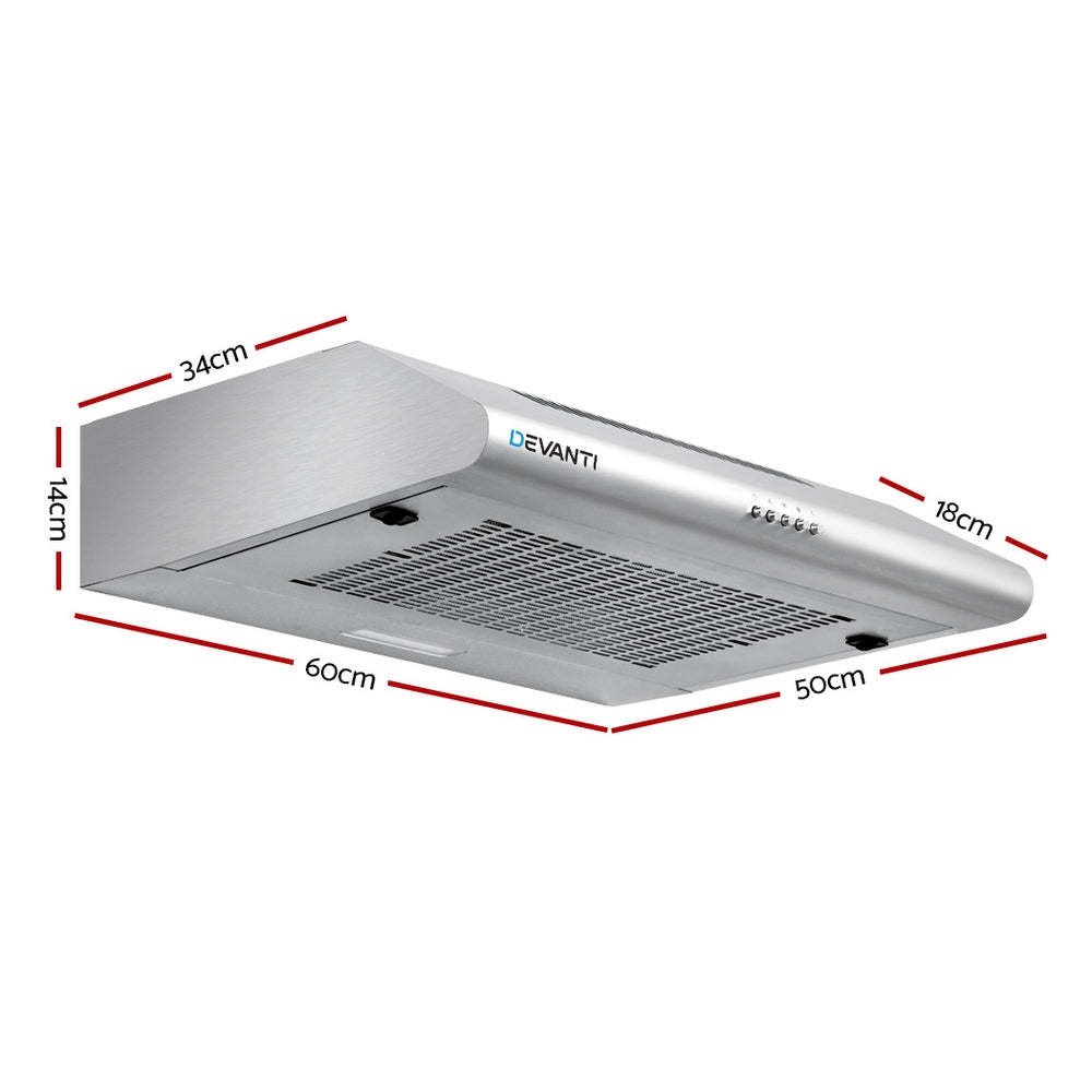 Devanti 600mm Stainless Steel Range Hood - 60cm Kitchen Exhaust Fan with Powerful Suction for Smoke & Odor Removal - Perfect for Modern Home Cooking, Grilling & Frying