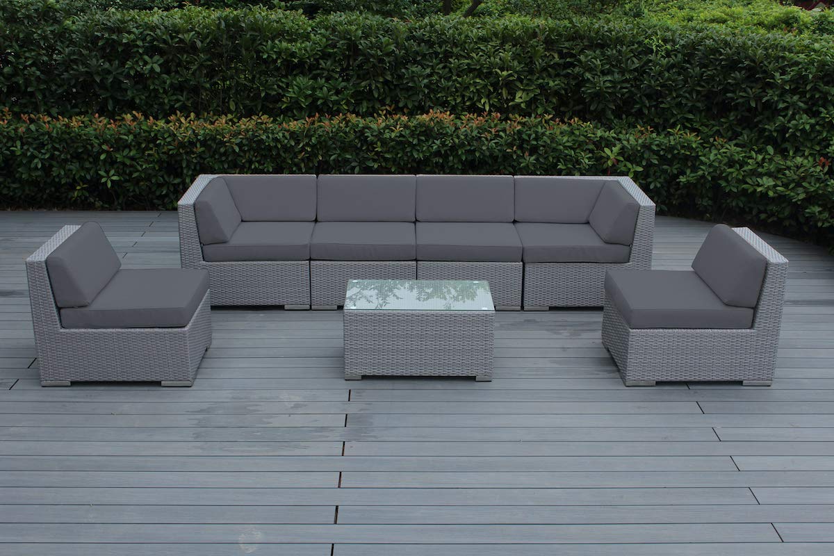 Ohana Depot 7-Piece Outdoor Patio Furniture Sectional Conversation Set - Gray Wicker with Gray Cushions, No Assembly Required & Includes Free Patio Cover - Perfect for Backyard, Garden, Poolside & Outdoor Entertaining