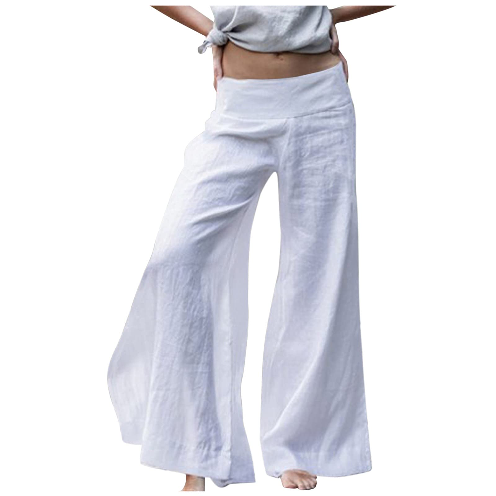 White Linen Palazzo Pants for Women - Breathable Summer Wide Leg Casual Pants in Solid Khaki | Perfect for Beach Vacations, Yoga & Boho Fashion