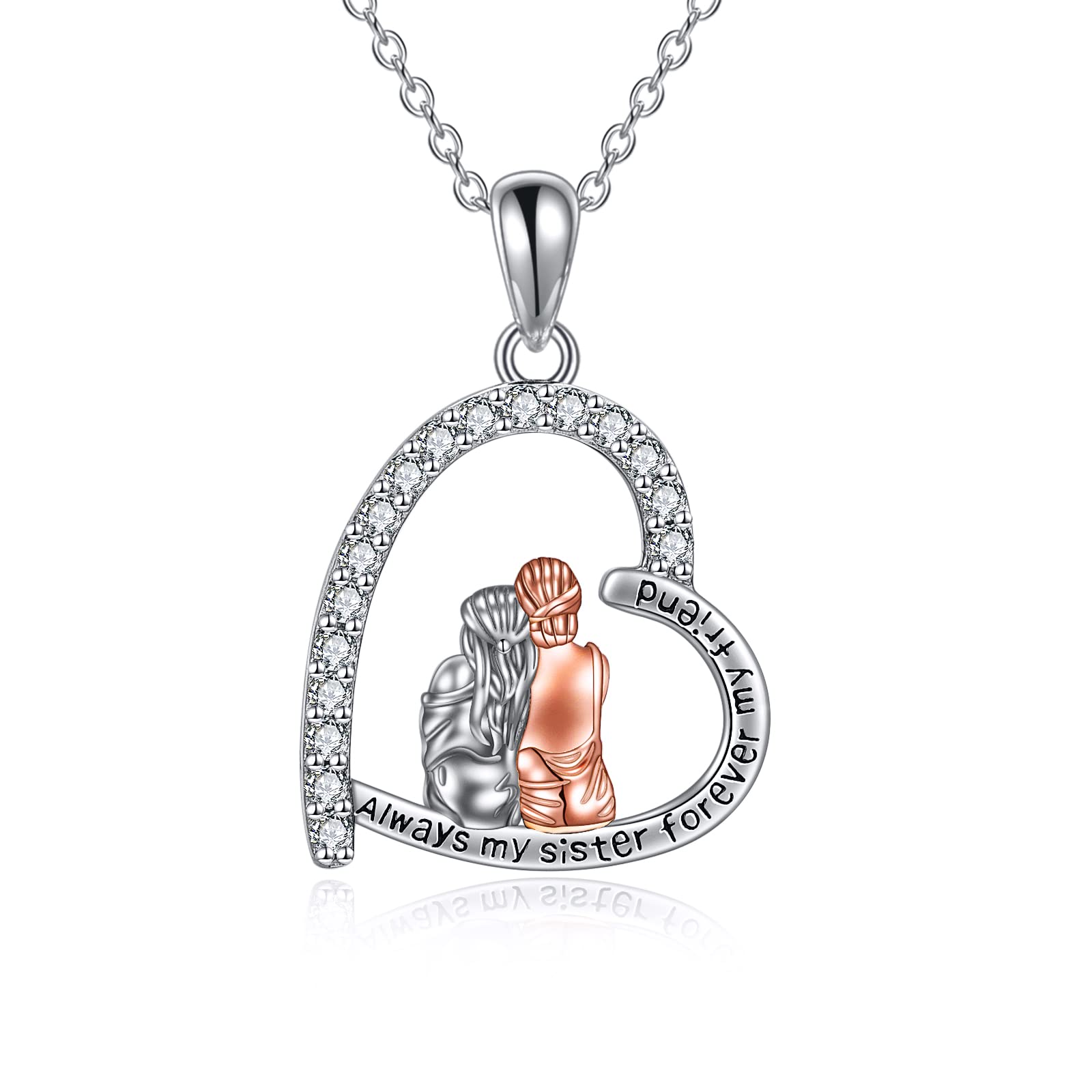 YAFEINI Sterling Silver 'Always My Sister Forever My Friend' Heart Pendant Necklace - Meaningful Birthday & Christmas Jewelry Gift for Sister, Best Friend, Female Classmates & Women | Perfect for Sisterhood Celebrations, Graduation Gifts & Special Occasions