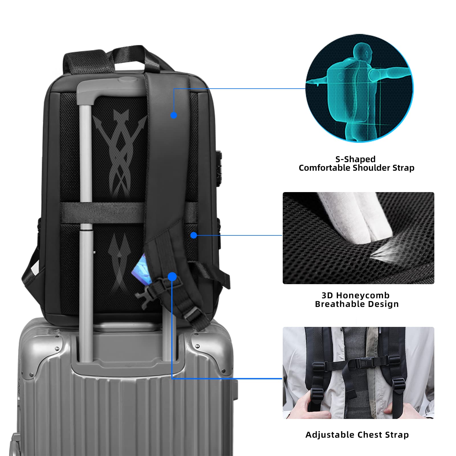 FENRUIEN Anti-Theft Laptop Backpack for Men - Expandable Waterproof Hardshell Business Backpack with USB Charging Port - 15.6 Inch Travel Computer Bag for Work, Commuting & College (Black)