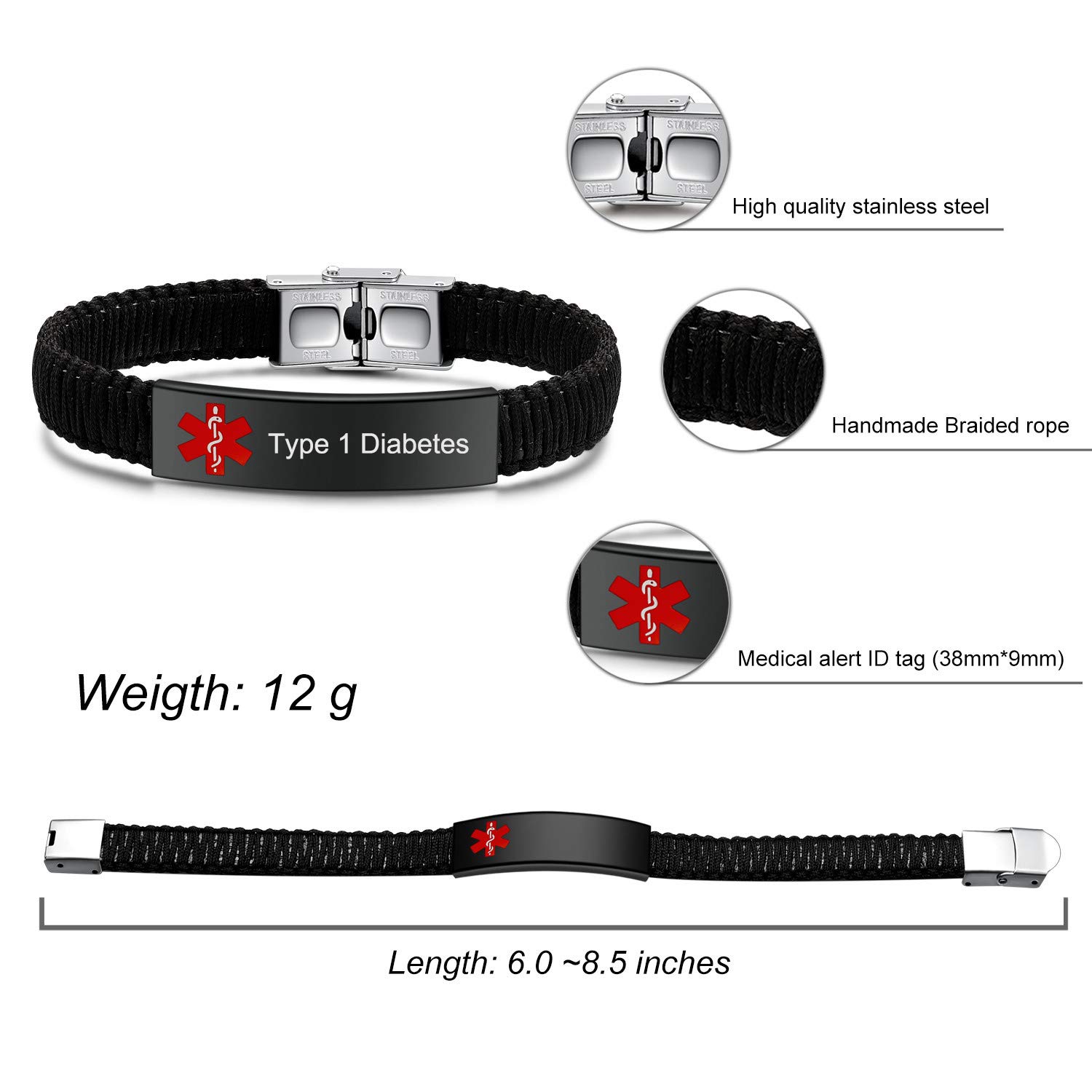 Diabetes Medical Alert ID Bracelet for Women & Men - Adjustable Handmade Nylon Braided Emergency Medical Bracelet | Perfect for Daily Wear, Travel & Emergency Situations