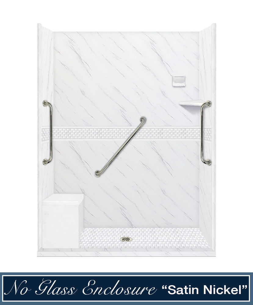 Freedom 60 Alcove Carrara Medici Marble & Jewel Stone Accent DIY Shower Remodel Kit - Luxury Bathroom Upgrade for Home Renovation & Spa-Like Shower Experience