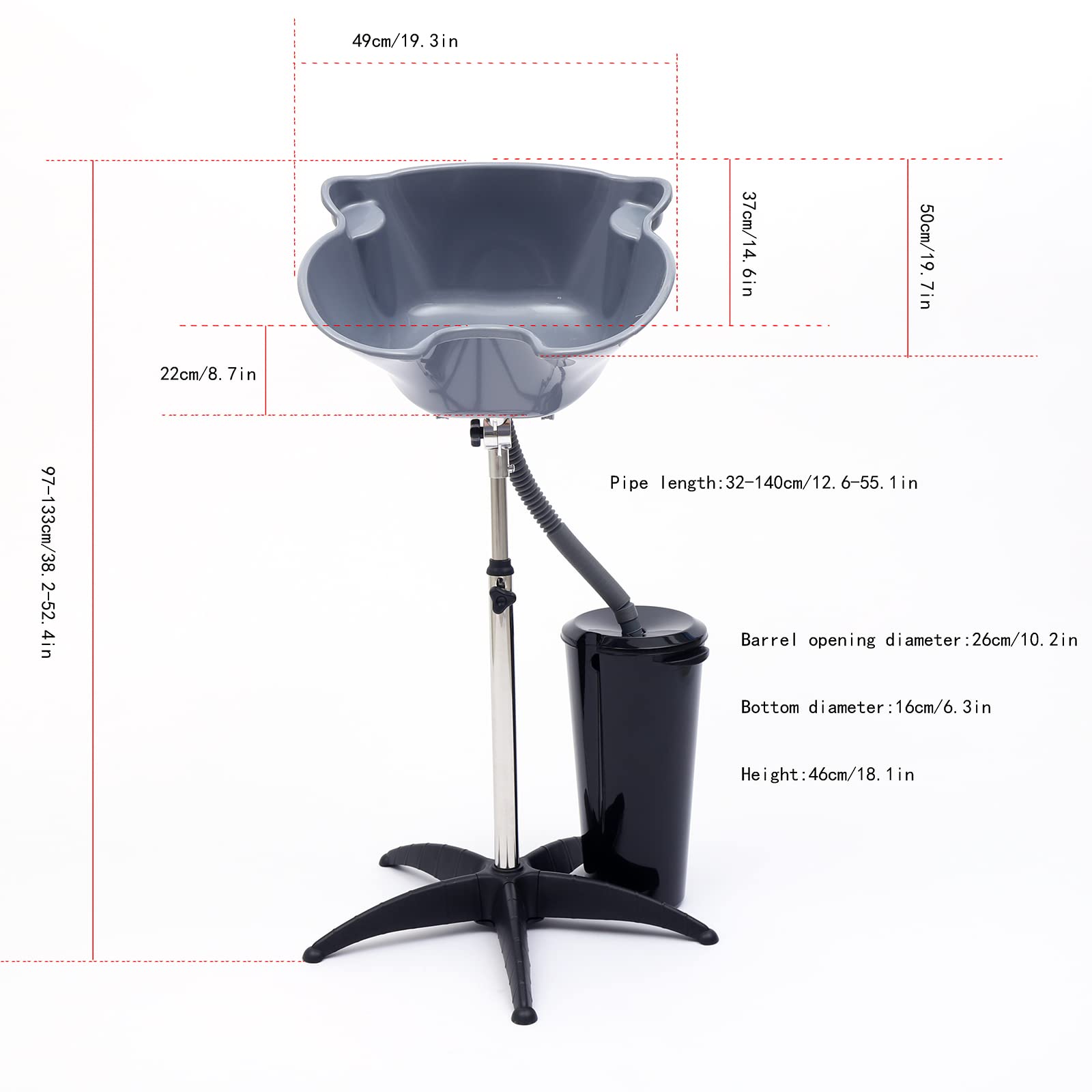 Kaibrite Portable Salon Shampoo Sink - Adjustable Height Hair Washing Basin with Bucket & Drain Hose (Gray) | Perfect for Home Hair Care, Mobile Stylists & Beauty Salons