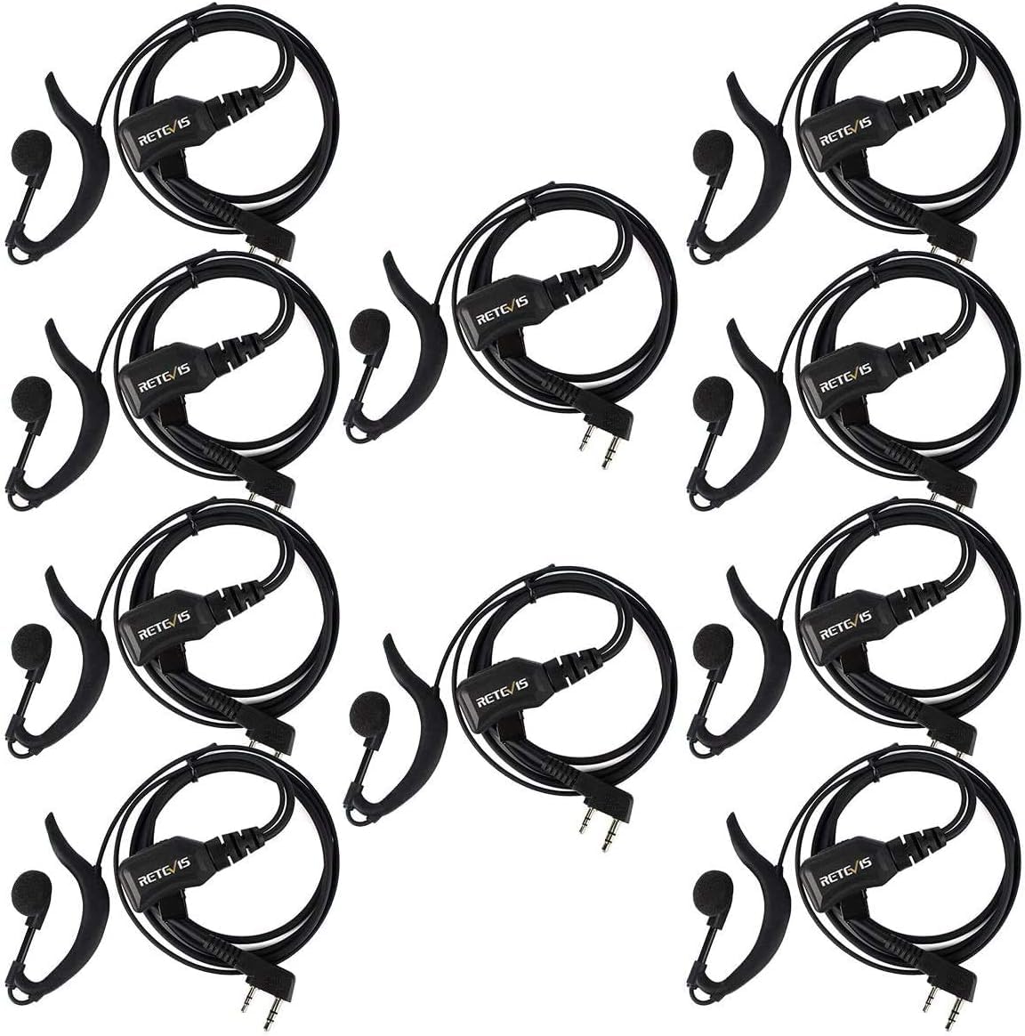 Retevis R111 Walkie Talkie Earpiece - G Type 2 Pin Earphone with Volume Control, Compatible with RT24 RT27 RT22 RT21 RT7 Baofeng BF-888s Sunreal Kenwood TYT OCDAY Radios (10 Pack) - Ideal for Security, Construction, Warehouse & Outdoor Communication