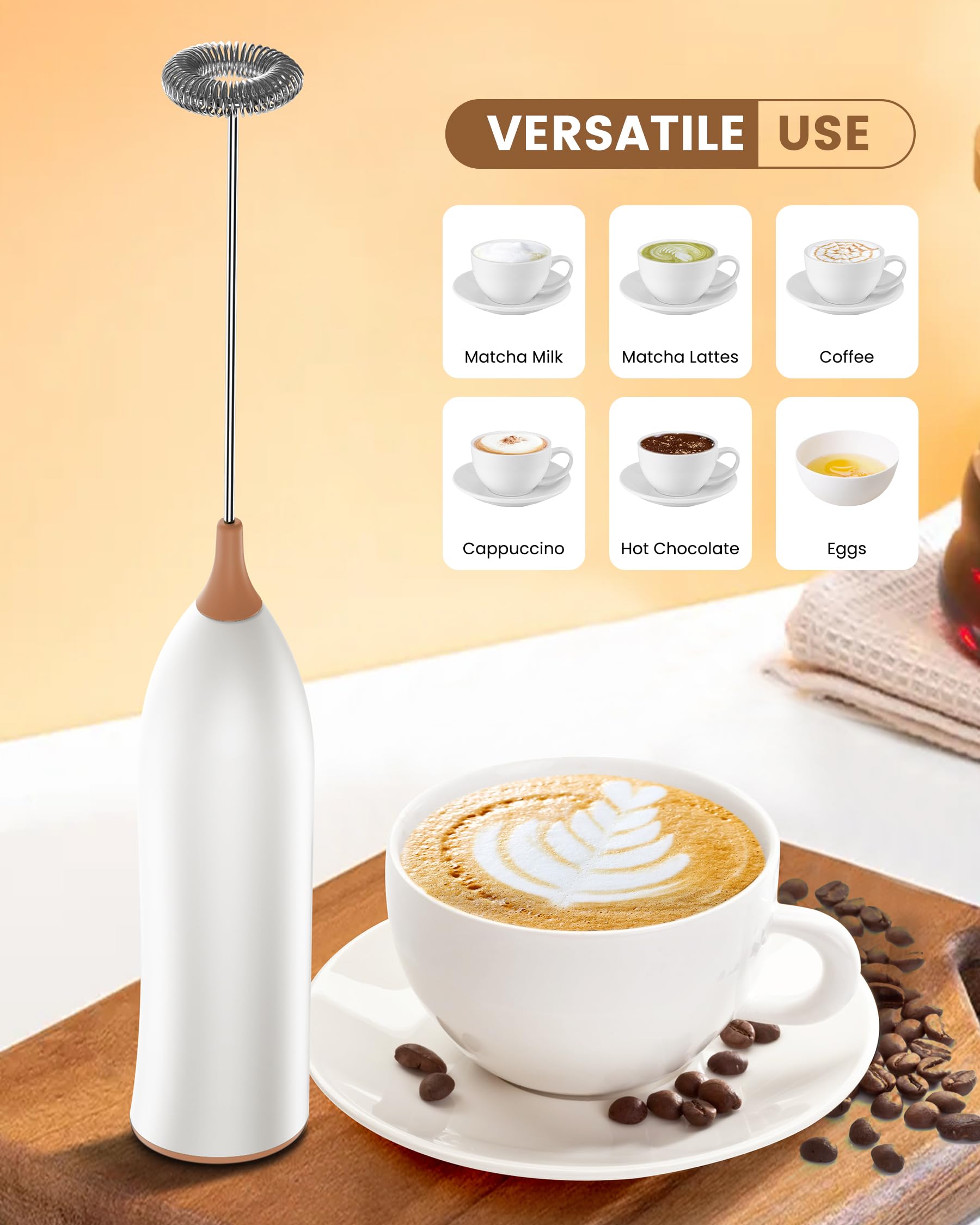 USB-C Rechargeable Milk Frother - Powerful Handheld Electric Whisk for Coffee, Latte, Cappuccino, Mocha & Protein Shakes - Perfect for Home Baristas & Office Coffee Breaks (Brown)