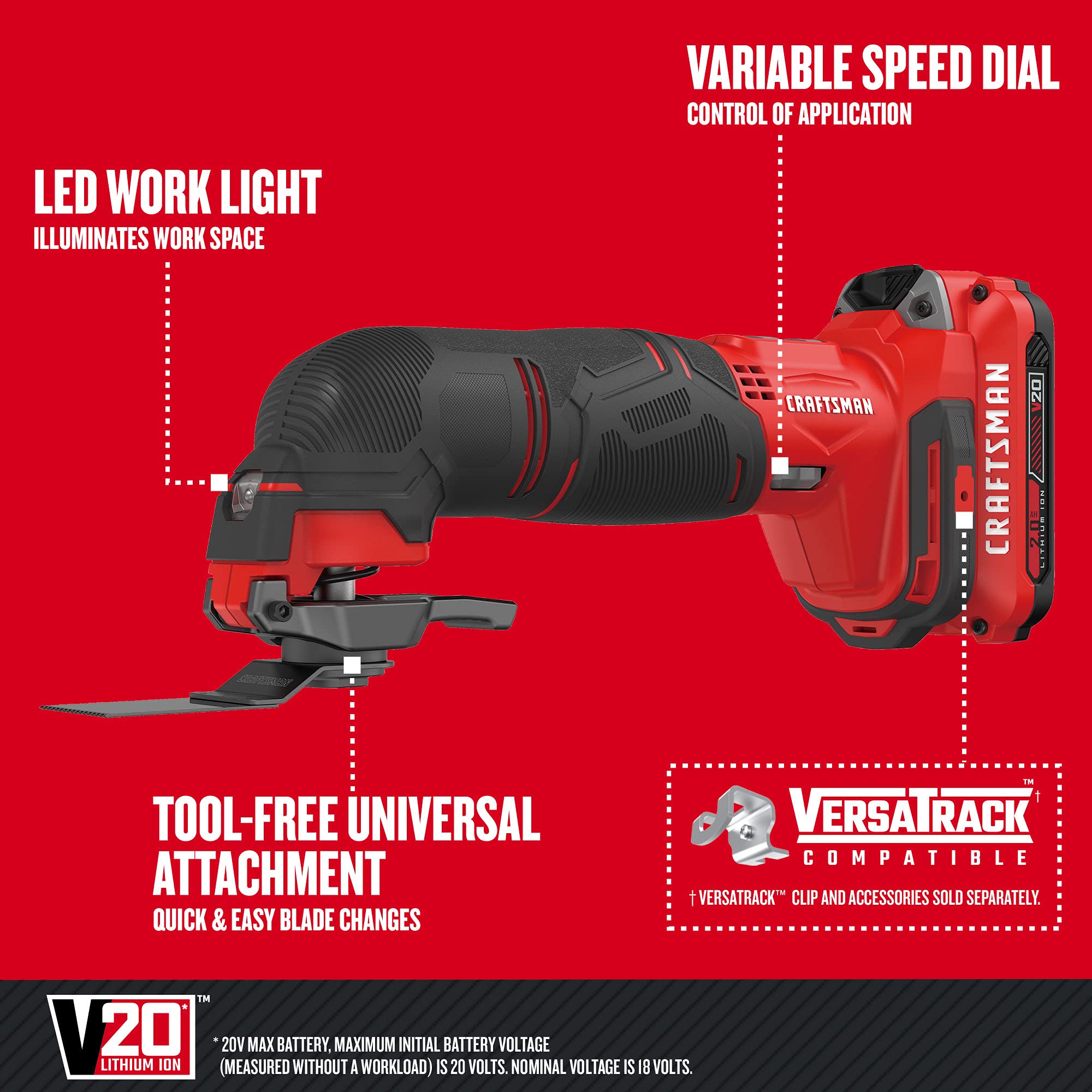 CRAFTSMAN V20 Cordless Oscillating Multi-Tool Kit with 12 Accessories - Blades, Sandpaper, Battery & Charger Included (CMCE501D1) - Perfect for DIY Projects, Woodworking, Home Repairs & Renovations
