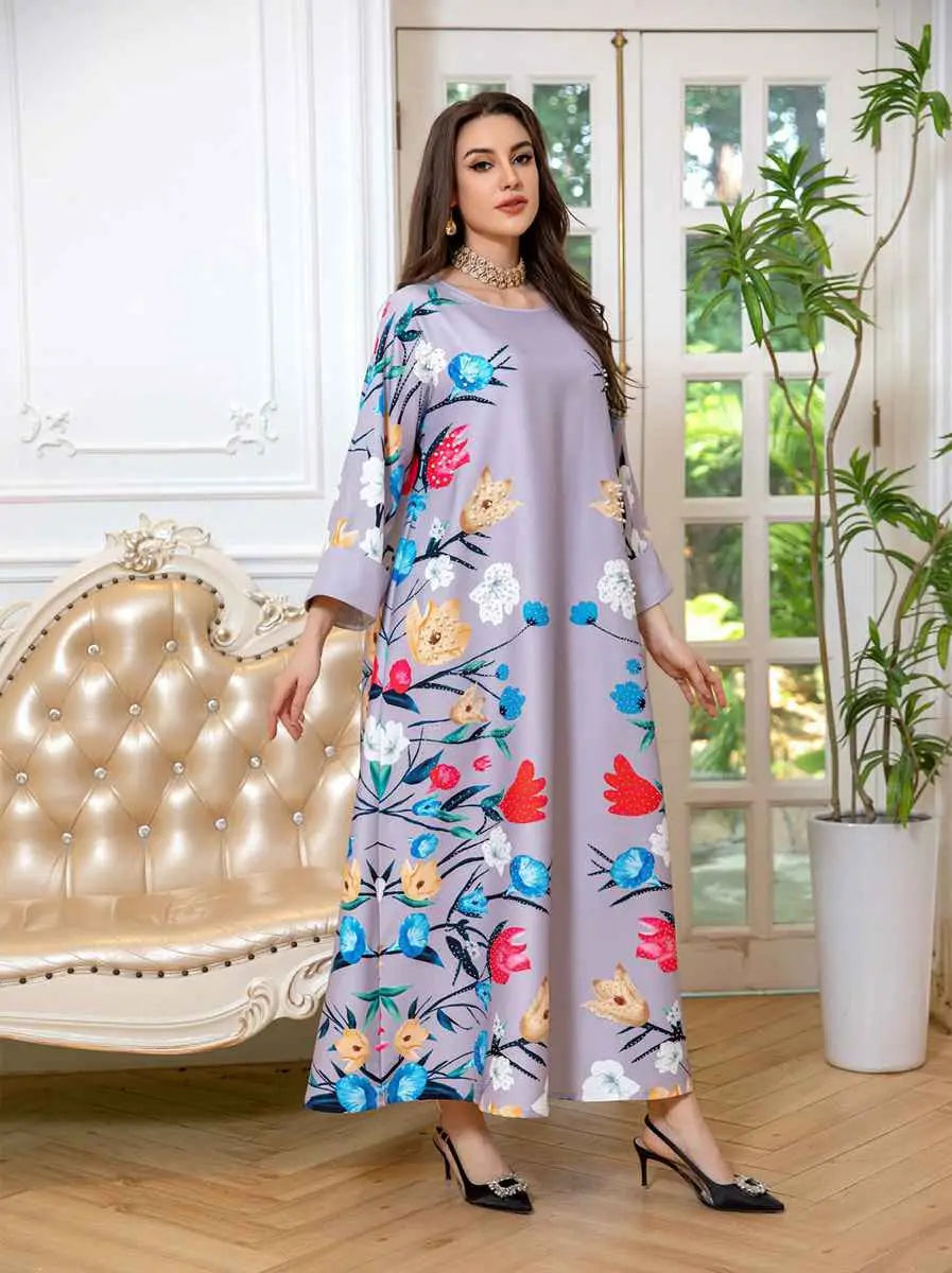 Elegant Eid Dress for Women - Arab Printed Kaftan Caftan Abaya Dress with Long Sleeves - Perfect for Eid Celebrations, Weddings & Special Occasions