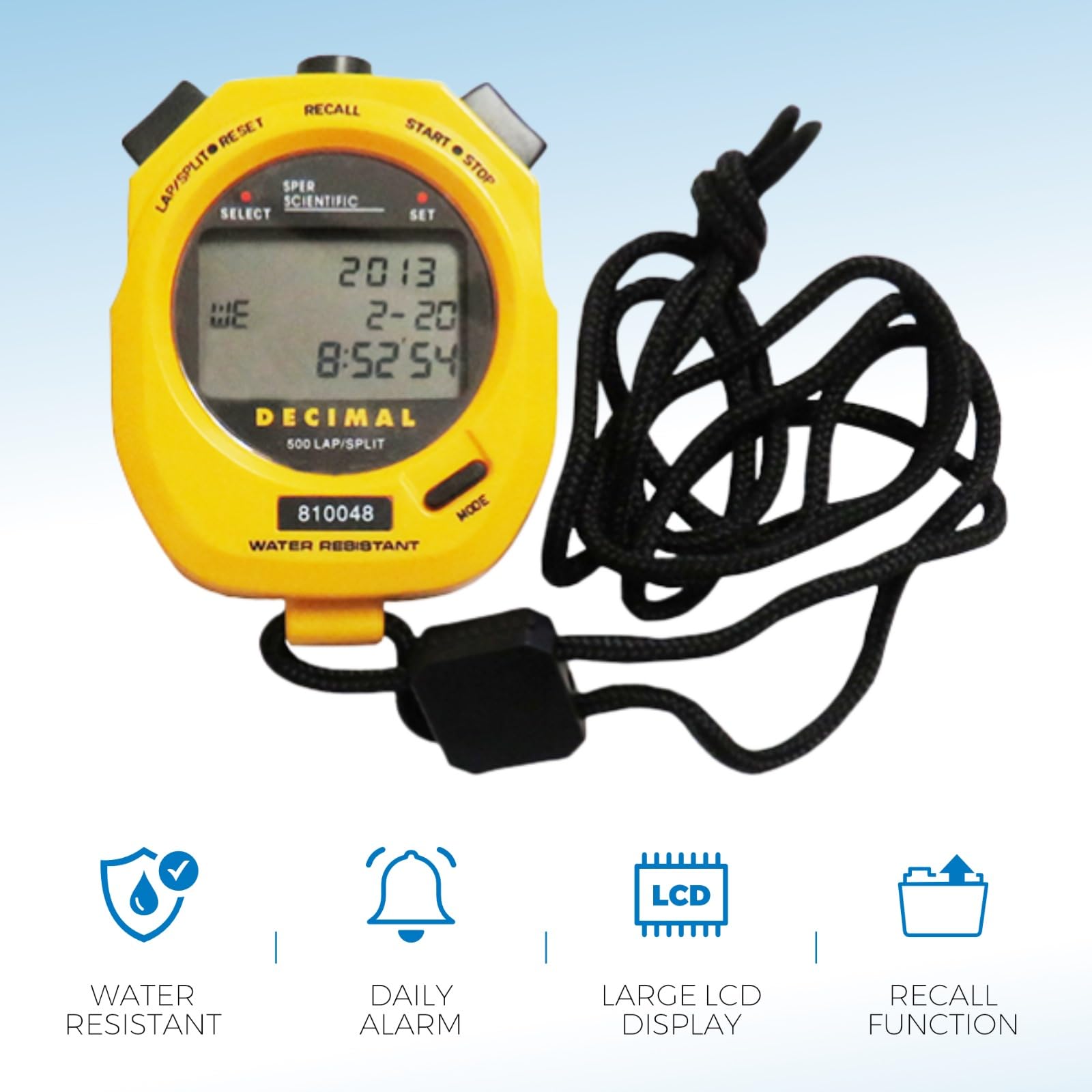 Sper Scientific Waterproof Stopwatch with Decimal Display & Multi-Split Timer - Ideal for Sports Training, Coaching, Industrial Work & Fitness Tracking